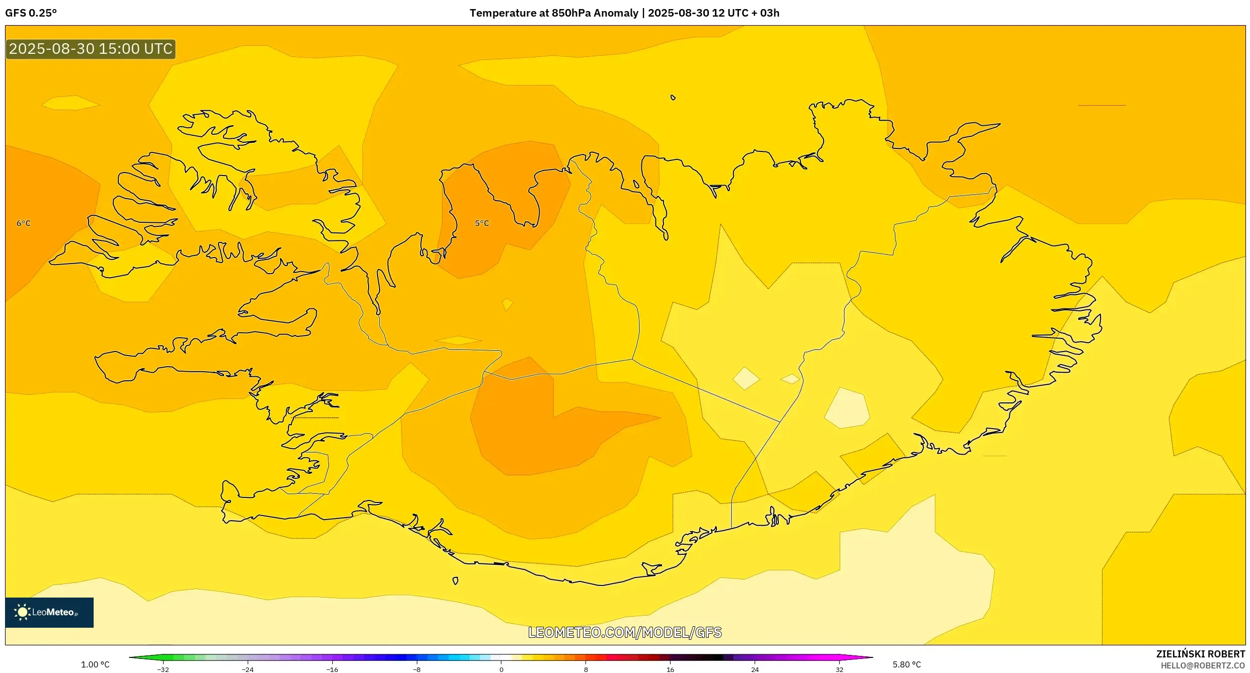 GFS model - Iceland, Temperature at 850hPa Anomaly