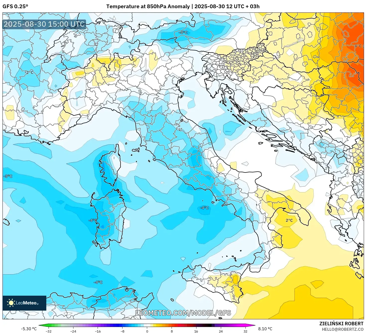 GFS model - Italy, Temperature at 850hPa Anomaly