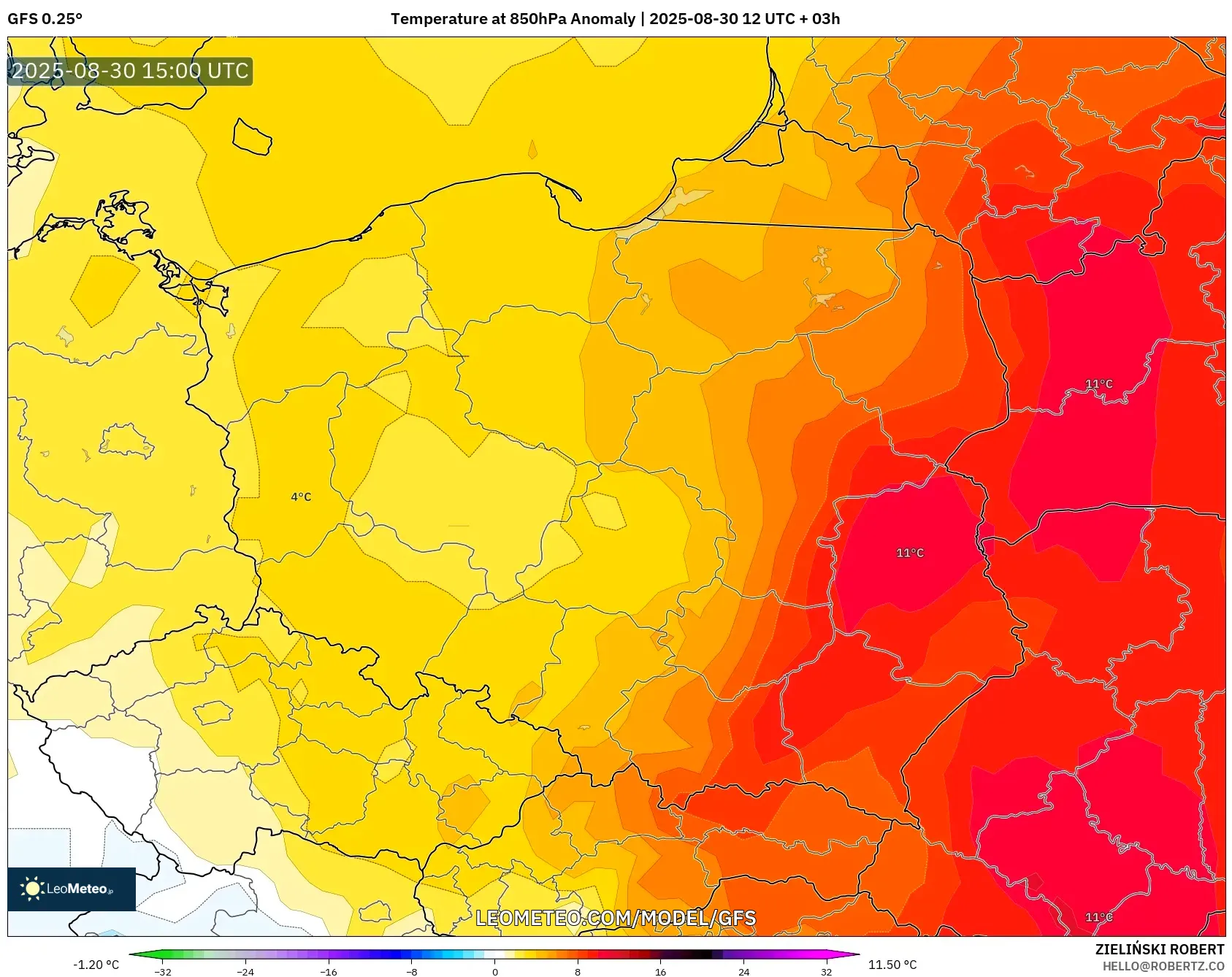 GFS model - Poland, Temperature at 850hPa Anomaly GFS model - Poland, Temperature at 850hPa Anomaly