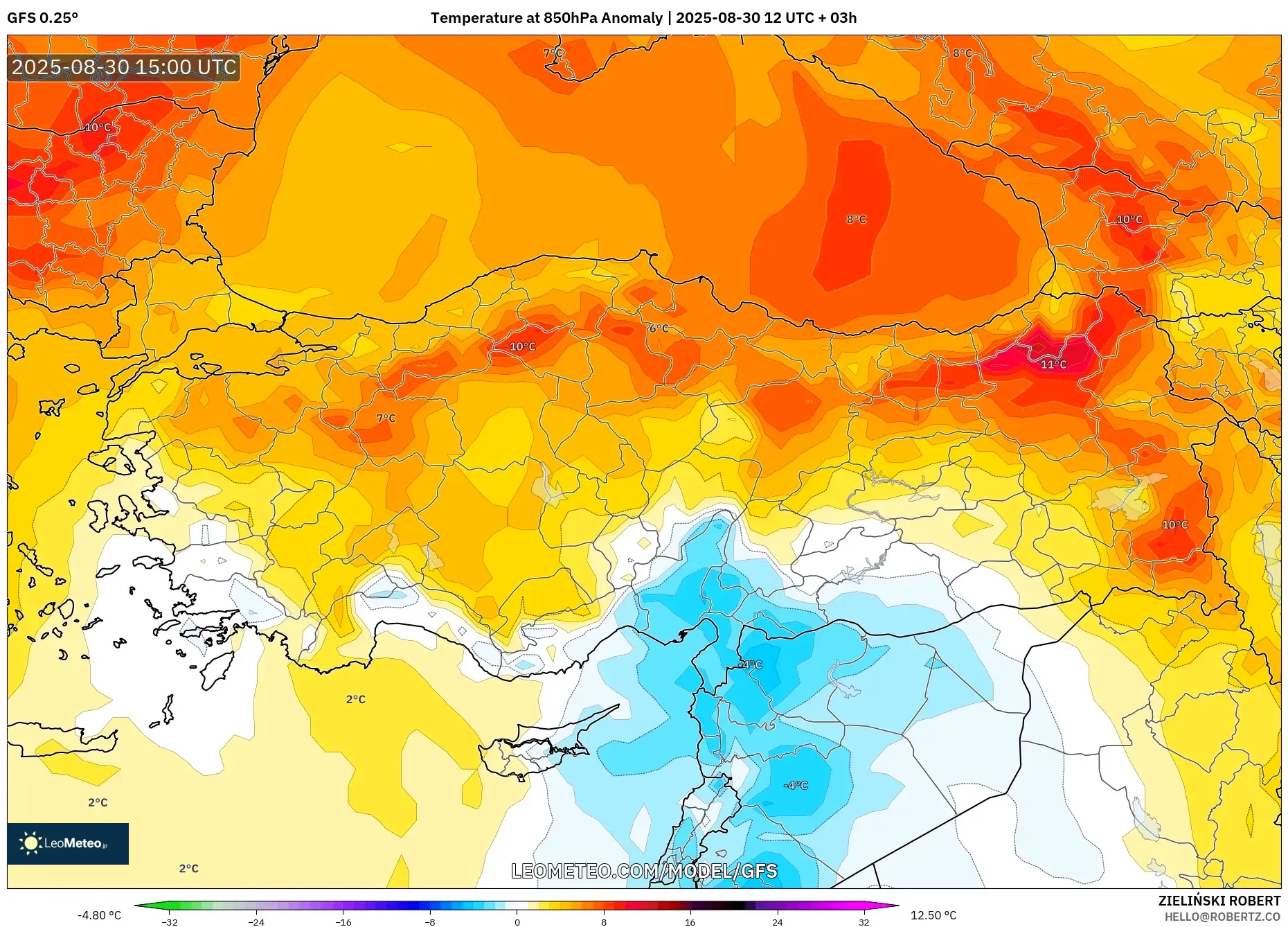 GFS model - Turkey, Temperature at 850hPa Anomaly GFS model - Turkey, Temperature at 850hPa Anomaly