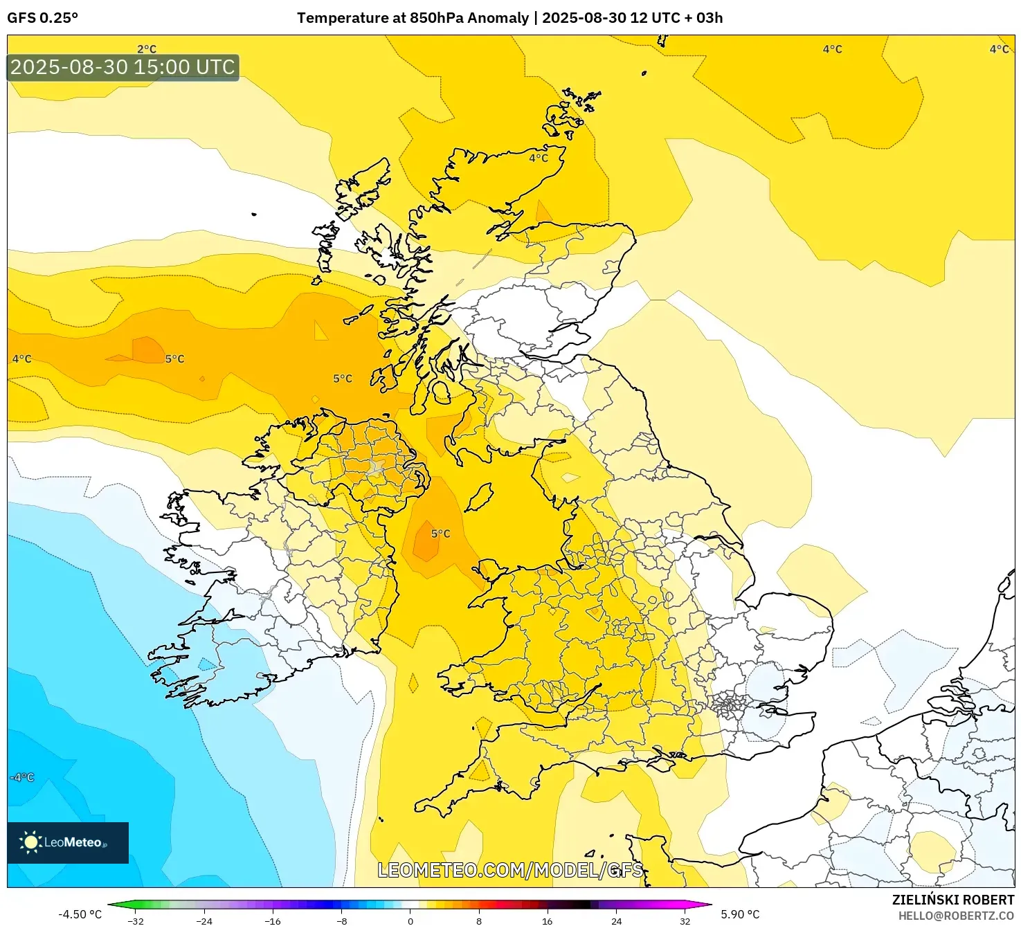 GFS model - United Kingdom, Temperature at 850hPa Anomaly GFS model - United Kingdom, Temperature at 850hPa Anomaly
