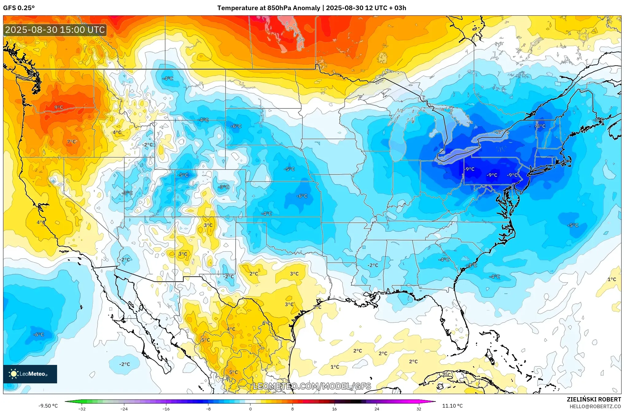 GFS model - United States, Temperature at 850hPa Anomaly