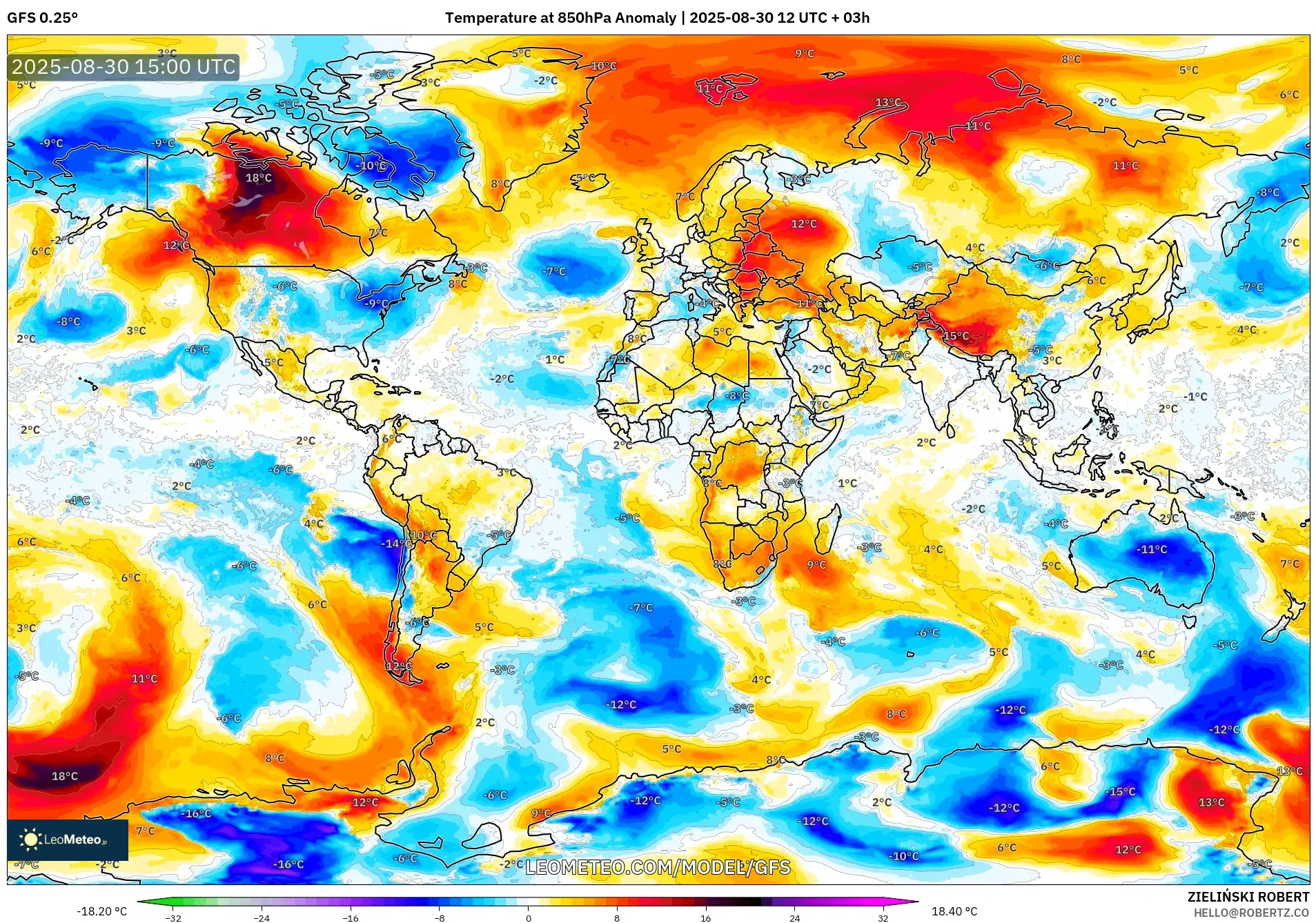 GFS model - World, Temperature at 850hPa Anomaly