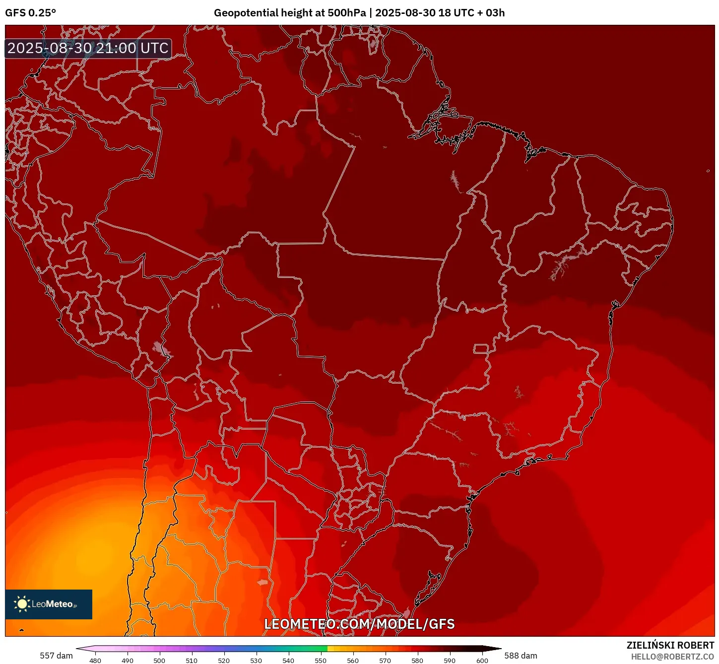GFS model - Brazil, Geopotential height at 500hPa GFS model - Brazil, Geopotential height at 500hPa