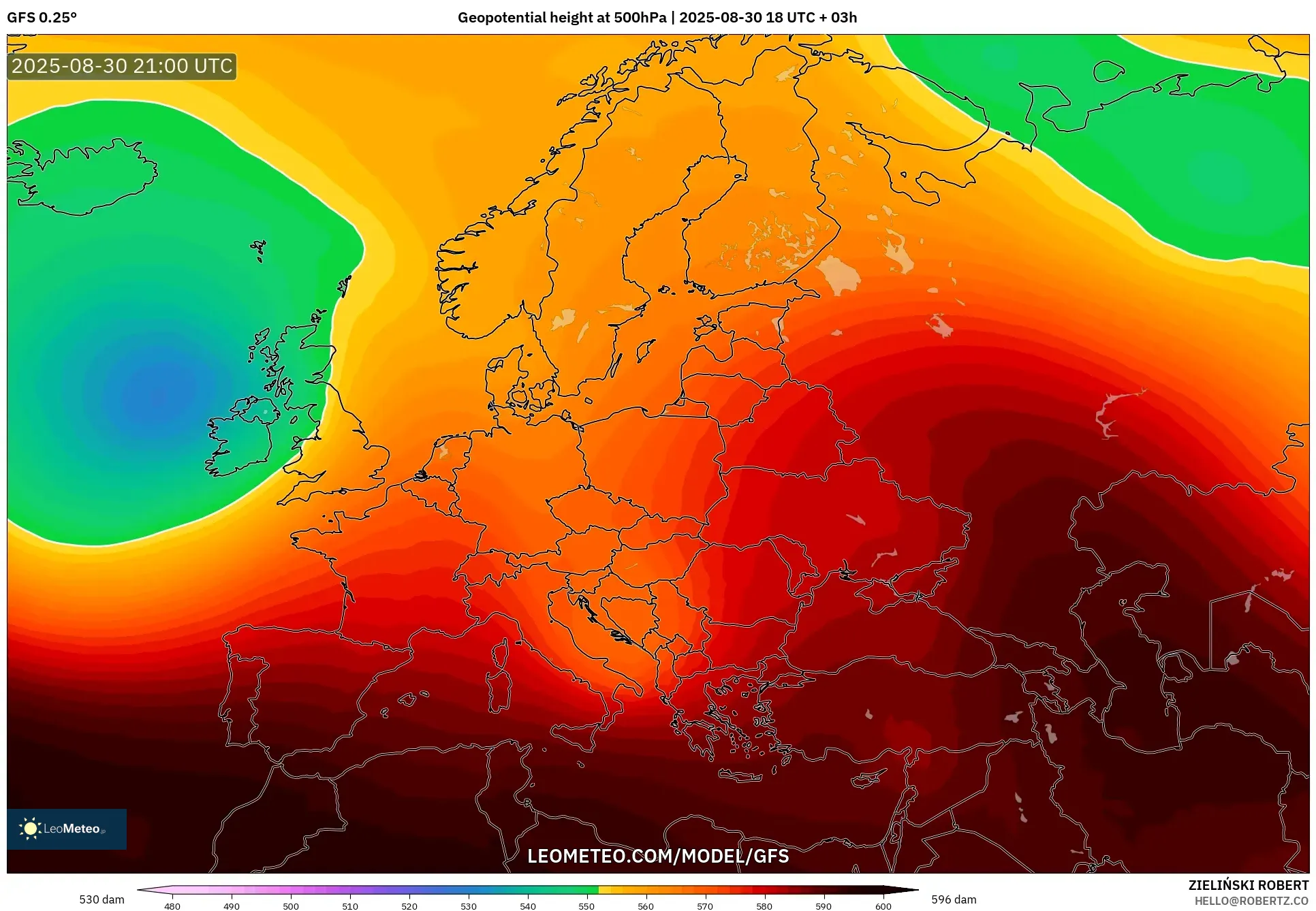 GFS model - Europe, Geopotential height at 500hPa GFS model - Europe, Geopotential height at 500hPa