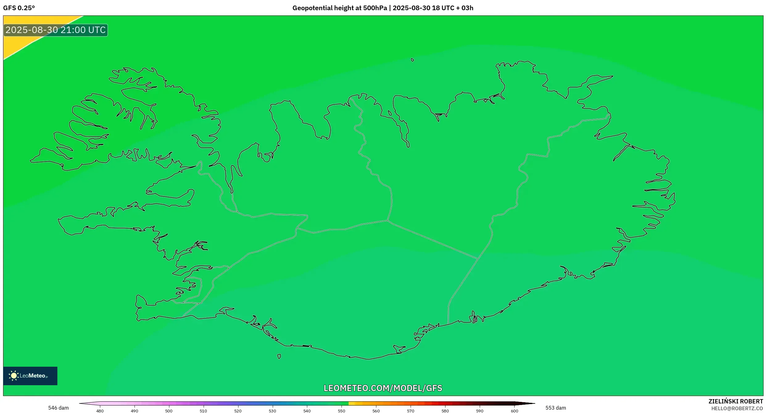 GFS model - Iceland, Geopotential height at 500hPa GFS model - Iceland, Geopotential height at 500hPa