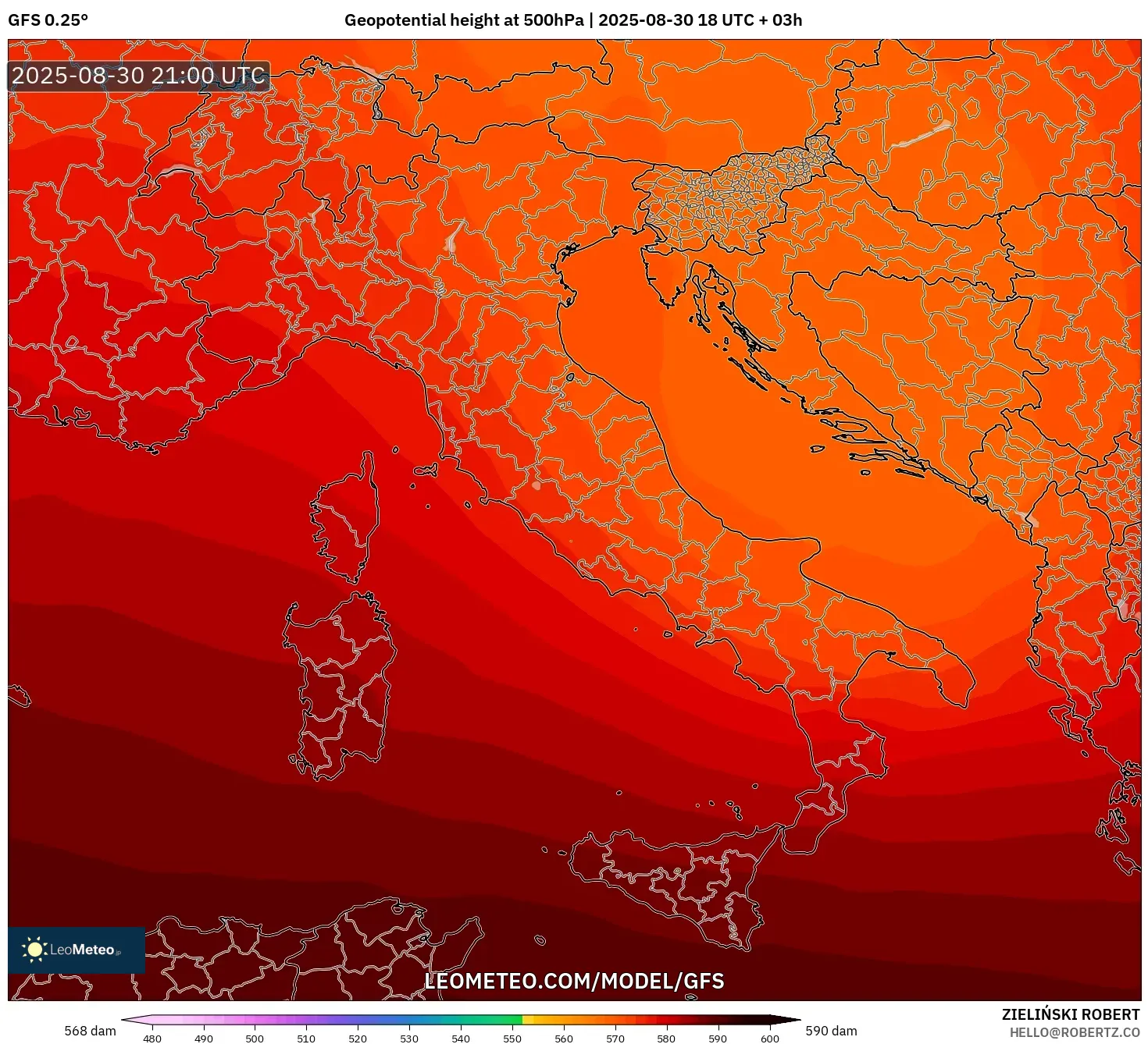 GFS model - Italy, Geopotential height at 500hPa GFS model - Italy, Geopotential height at 500hPa