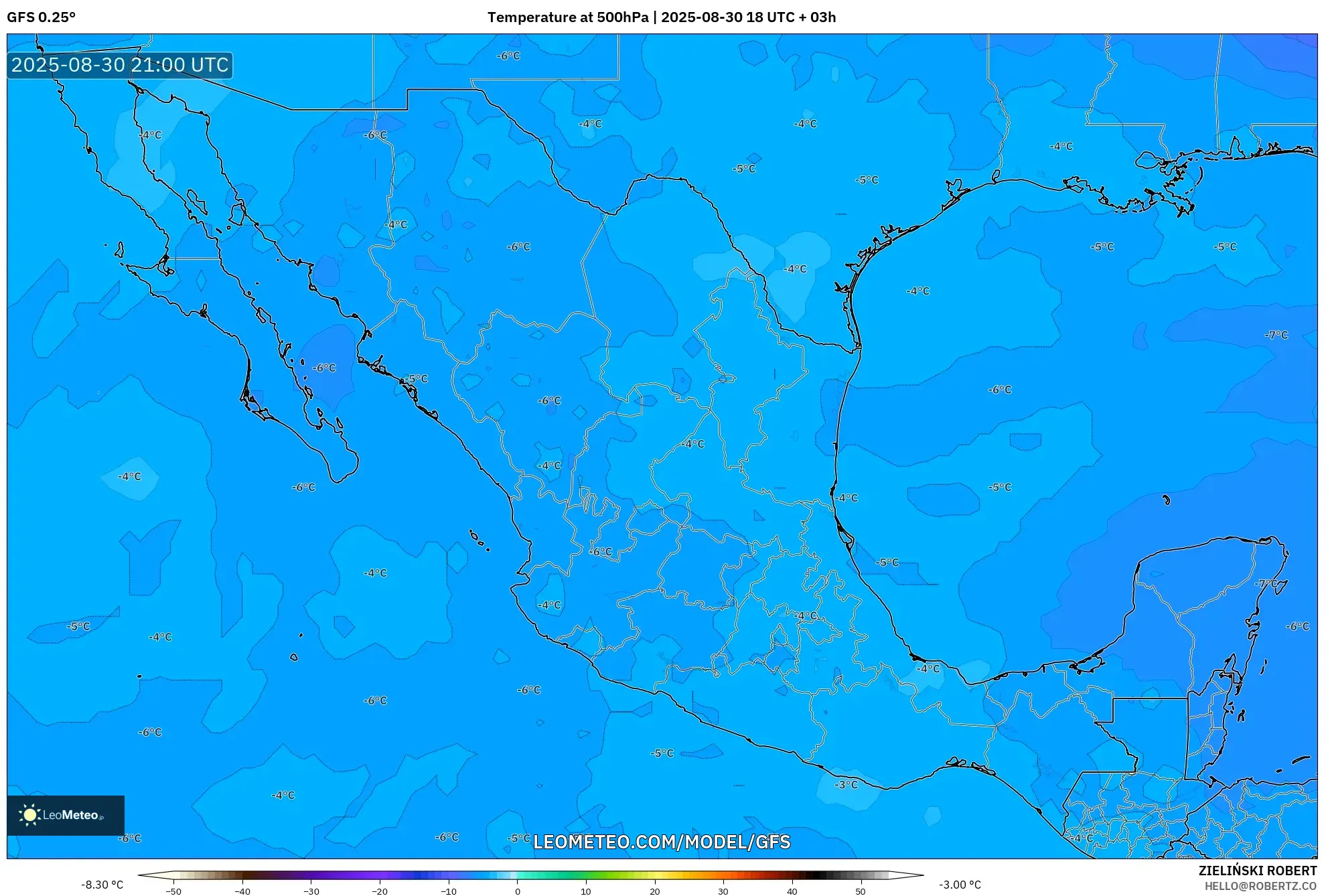 GFS model - Mexico, Temperature at 500hPa GFS model - Mexico, Temperature at 500hPa