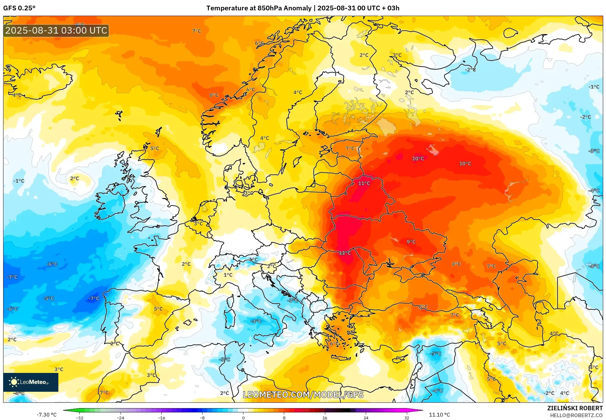 GFS model - Europe, Temperature at 850hPa Anomaly