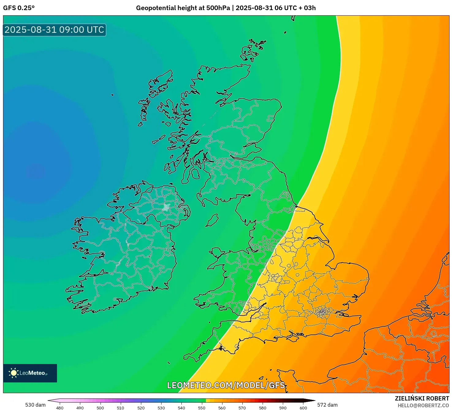 GFS model - United Kingdom, Geopotential height at 500hPa GFS model - United Kingdom, Geopotential height at 500hPa
