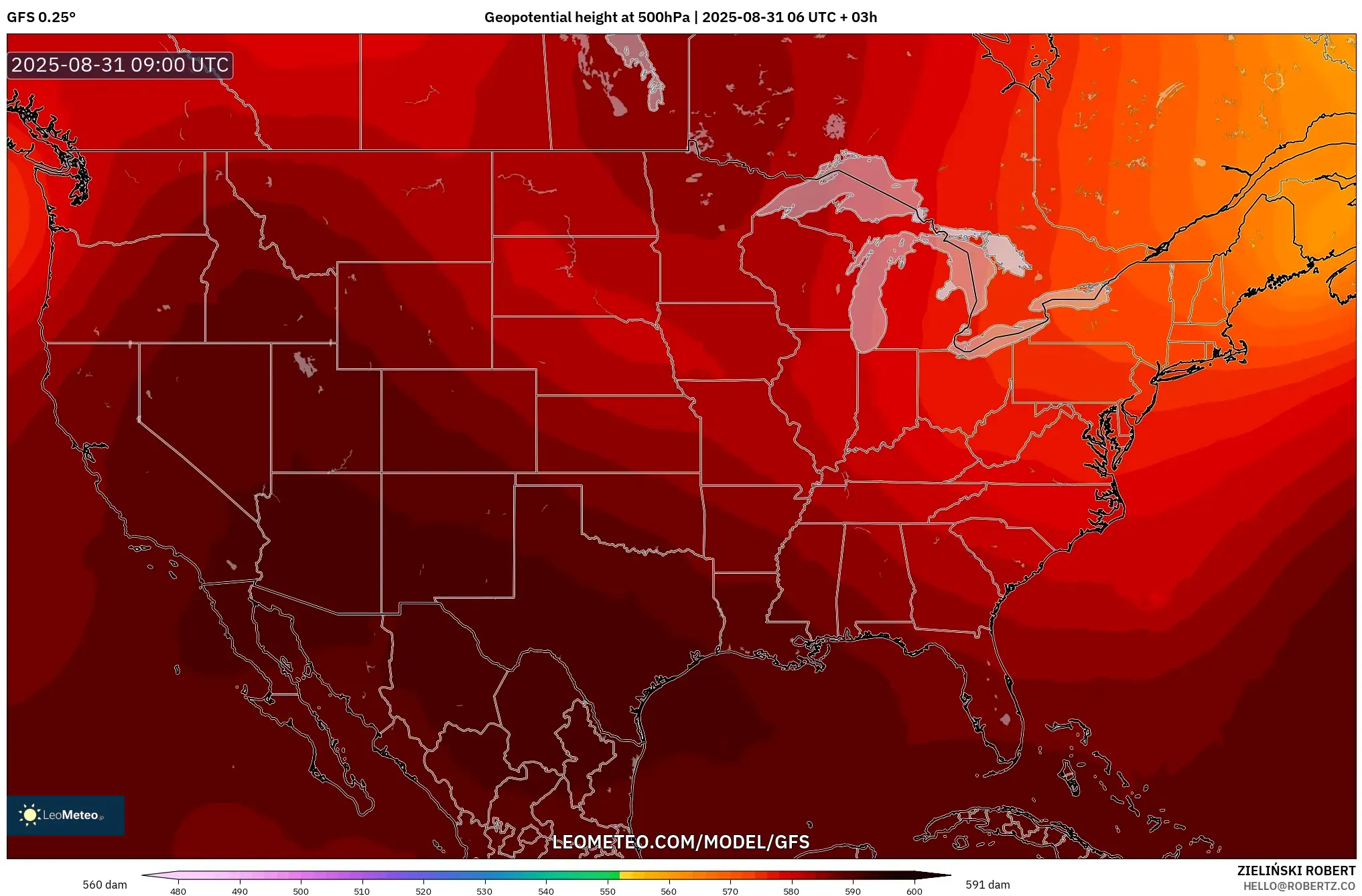 GFS model - United States, Geopotential height at 500hPa GFS model - United States, Geopotential height at 500hPa