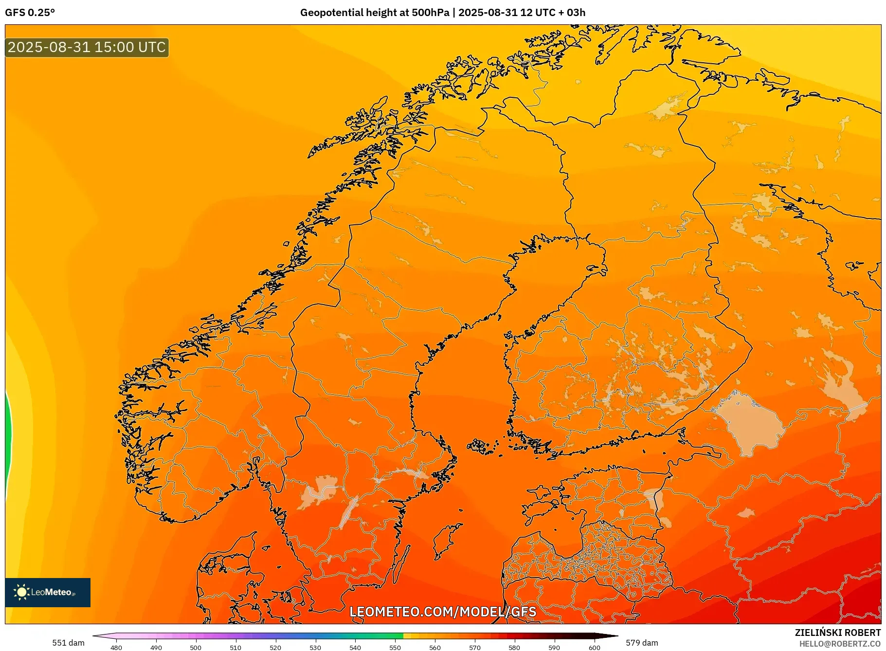 GFS model - Scandinavia, Geopotential height at 500hPa GFS model - Scandinavia, Geopotential height at 500hPa