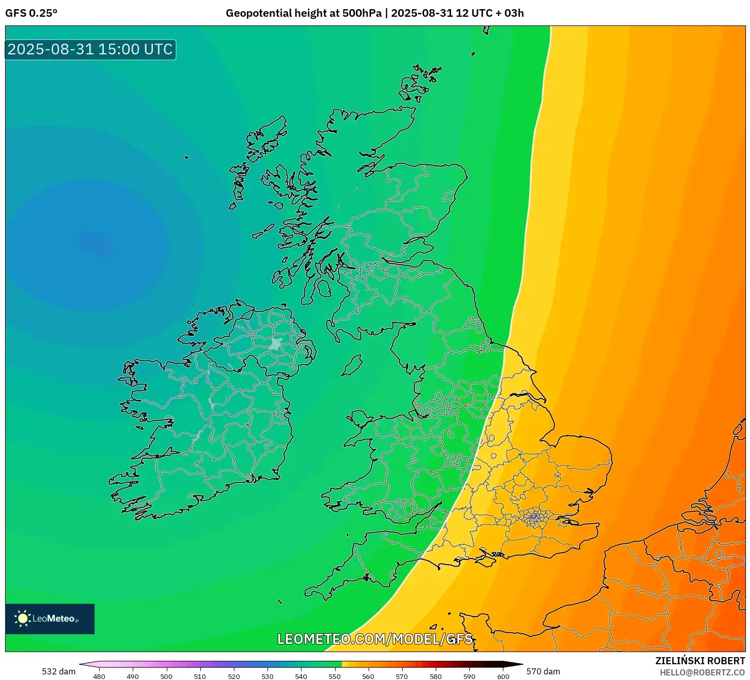 GFS model - United Kingdom, Geopotential height at 500hPa GFS model - United Kingdom, Geopotential height at 500hPa