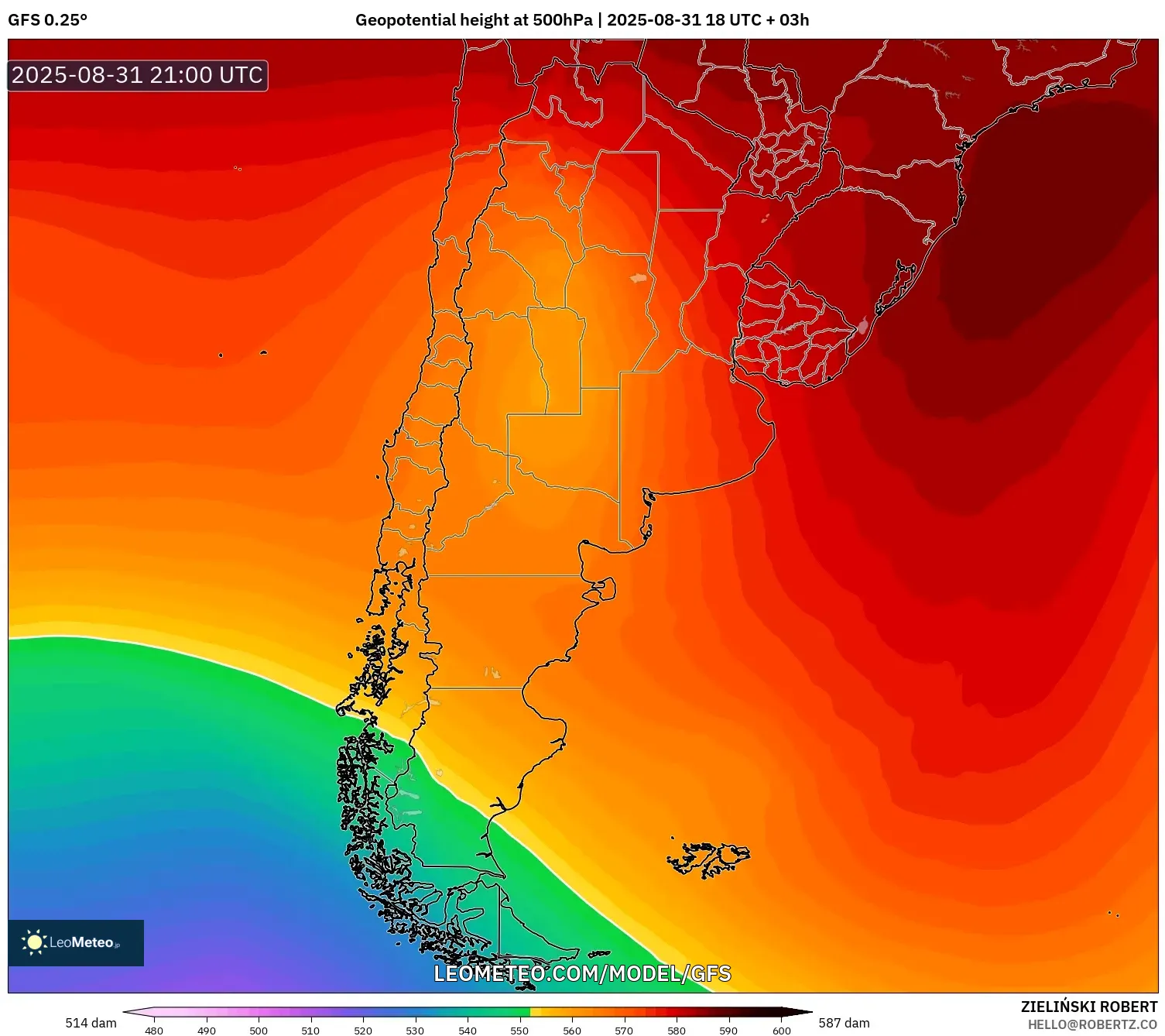 GFS model - Argentina, Geopotential height at 500hPa GFS model - Argentina, Geopotential height at 500hPa