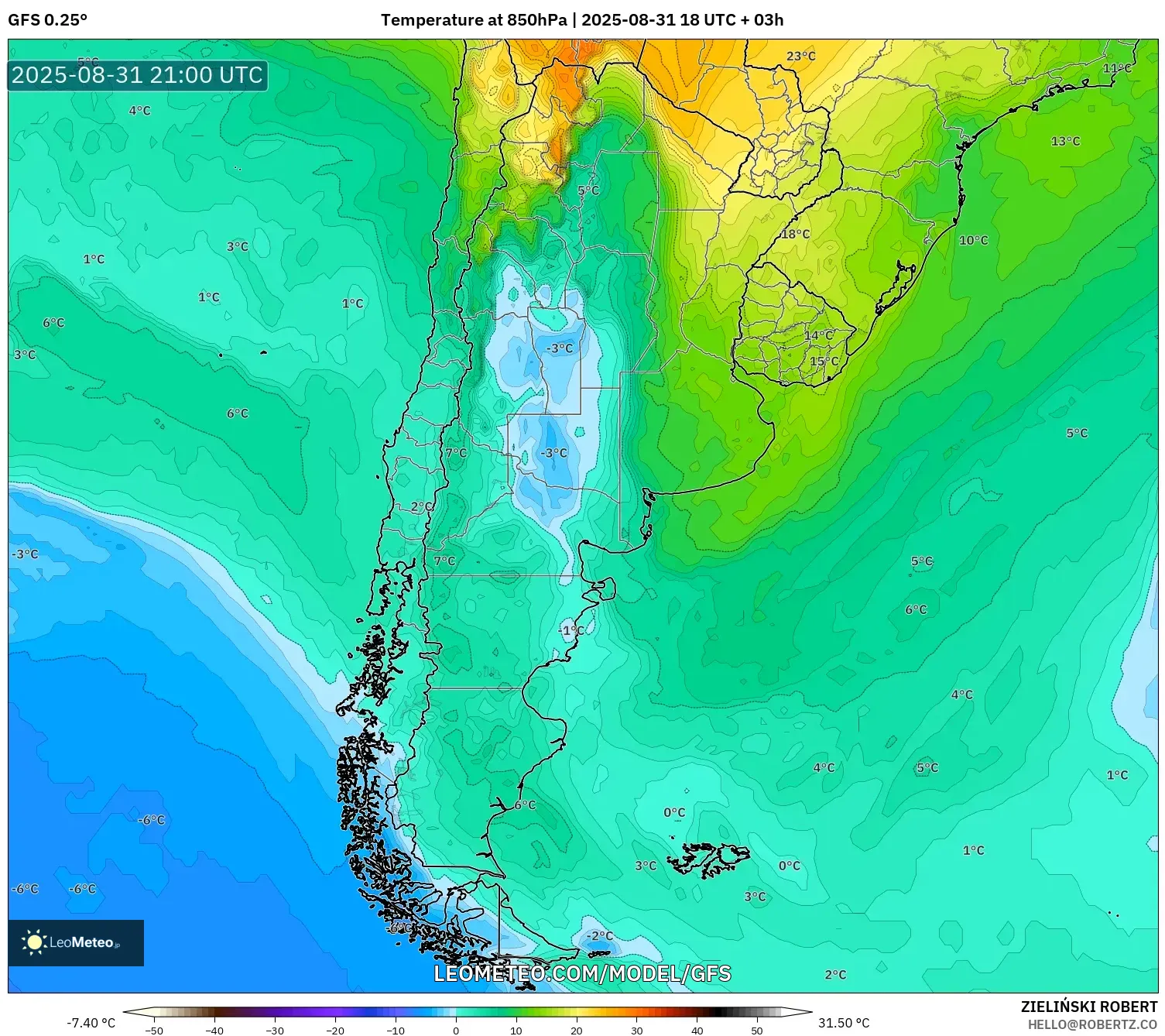 GFS model - Argentina, Temperature at 850hPa GFS model - Argentina, Temperature at 850hPa