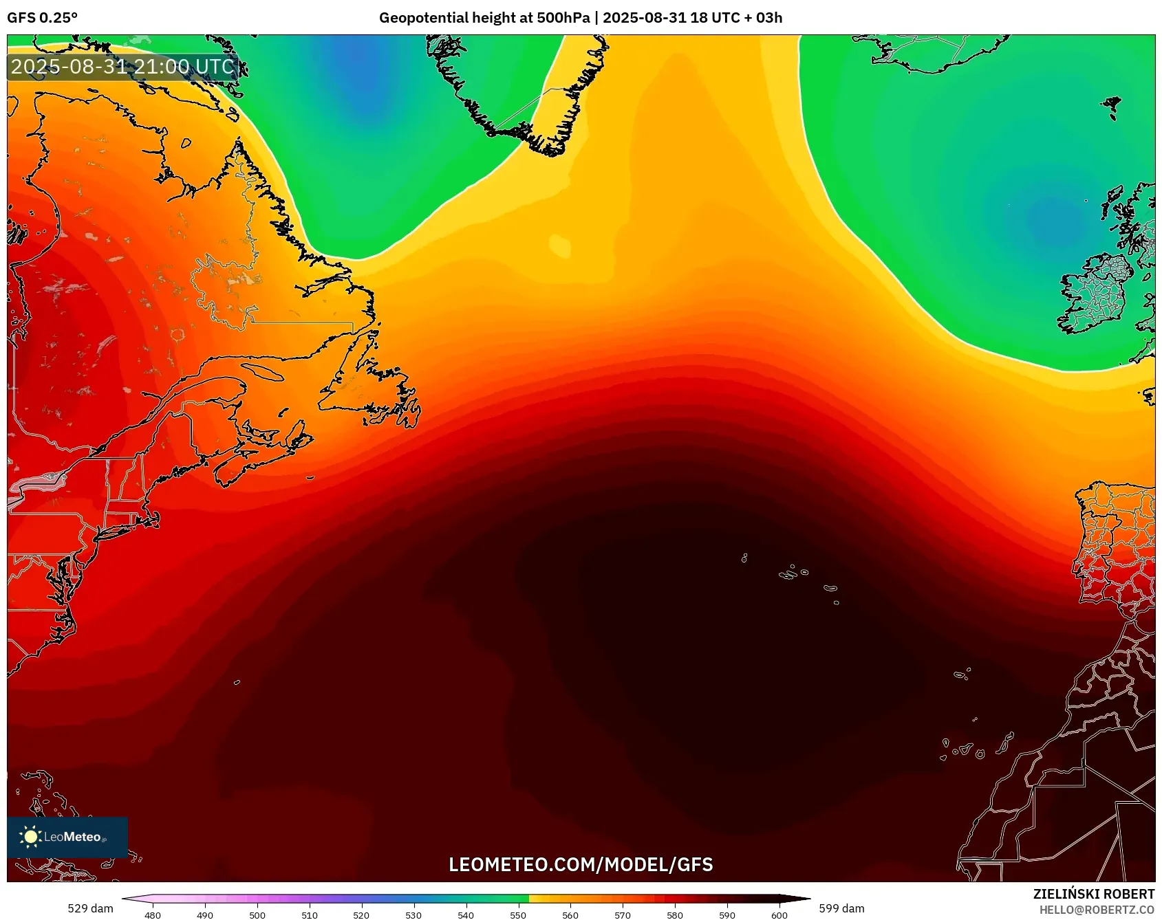 GFS model - North Atlantic, Geopotential height at 500hPa GFS model - North Atlantic, Geopotential height at 500hPa