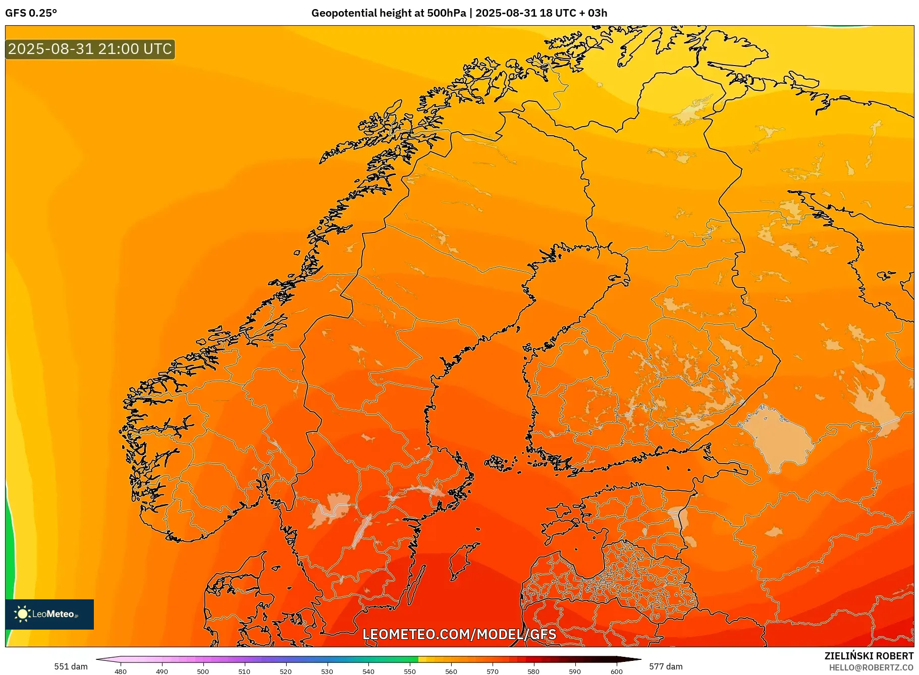 GFS model - Scandinavia, Geopotential height at 500hPa GFS model - Scandinavia, Geopotential height at 500hPa
