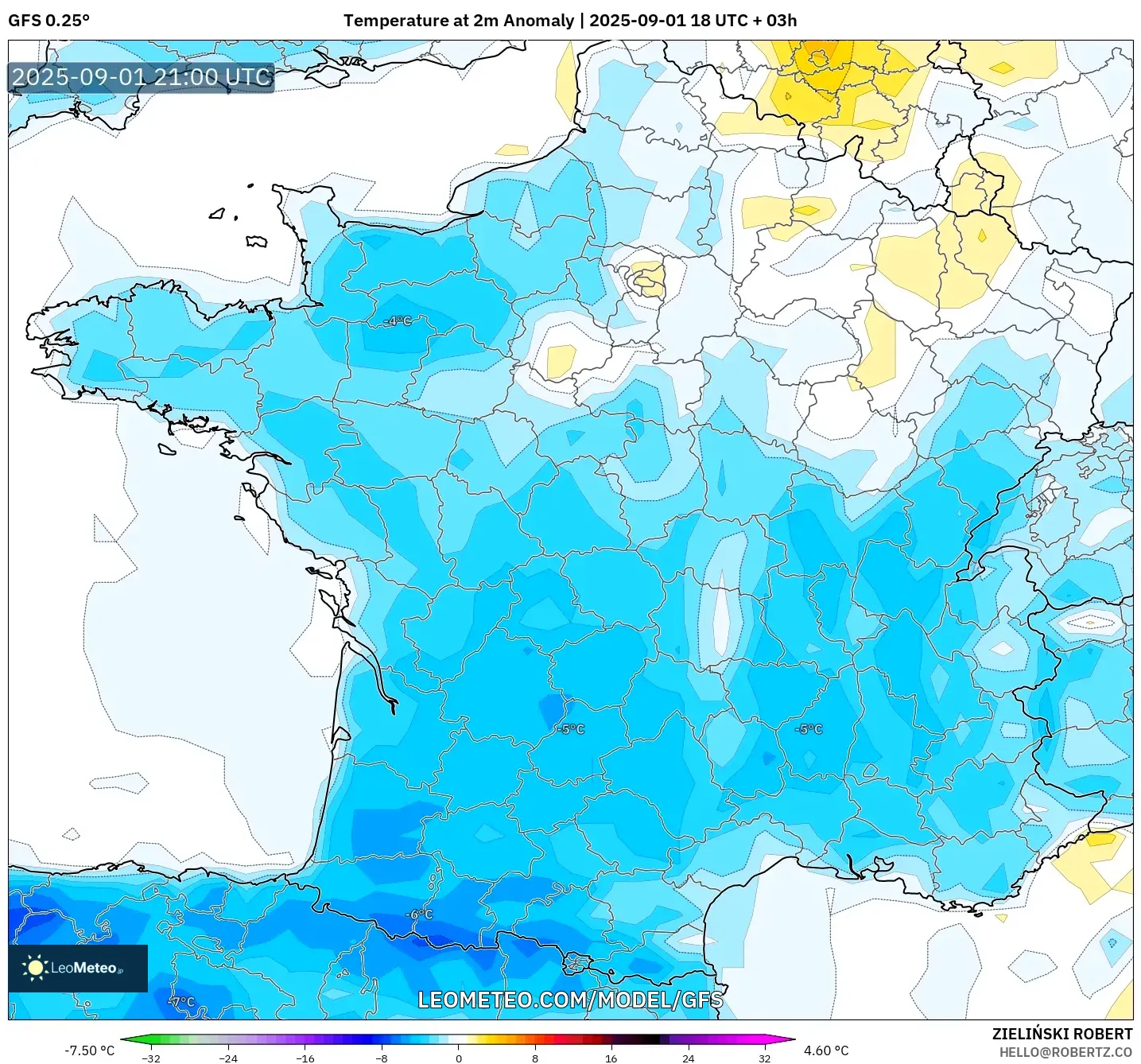 GFS model - France, Temperature at 2m Anomaly GFS model - France, Temperature at 2m Anomaly