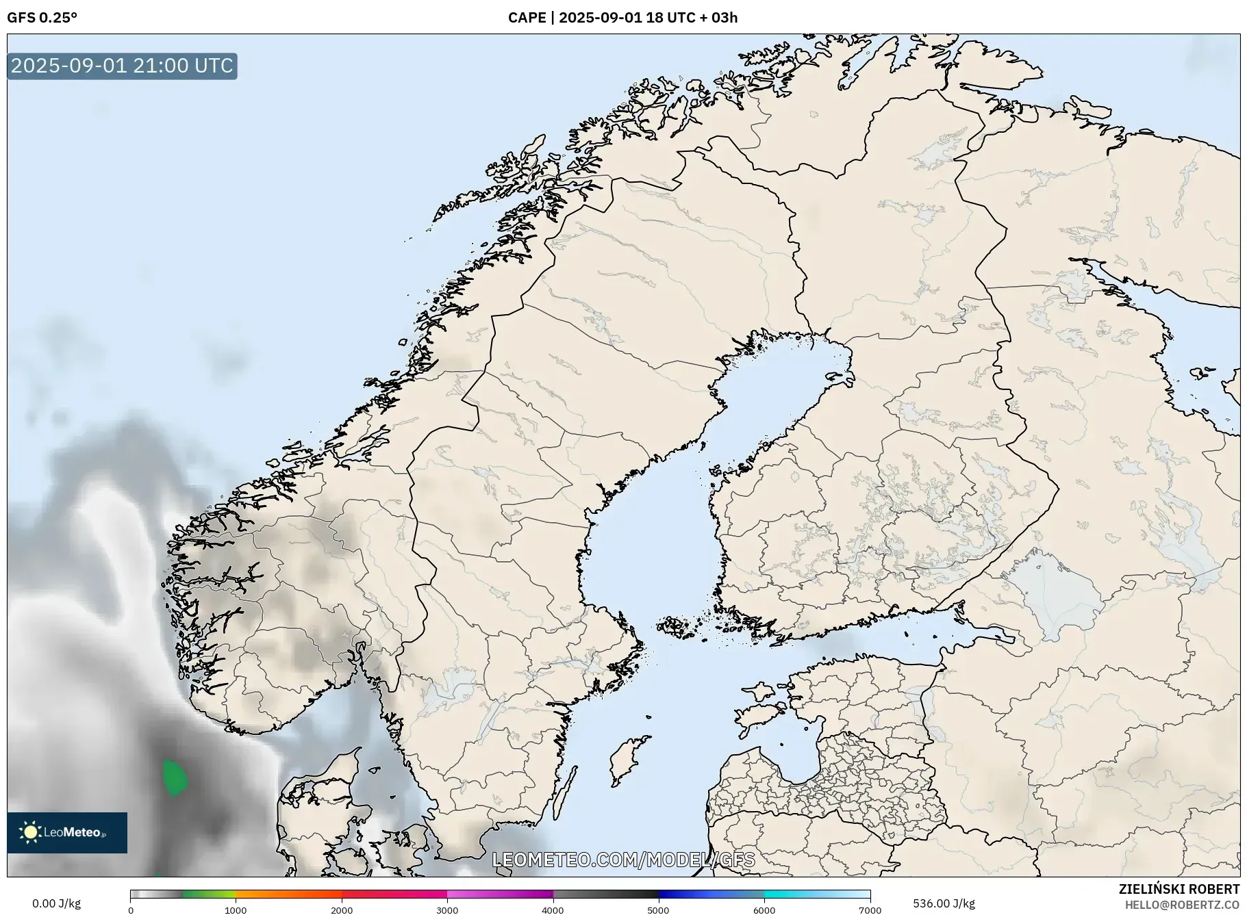 GFS model - Scandinavia, CAPE GFS model - Scandinavia, CAPE