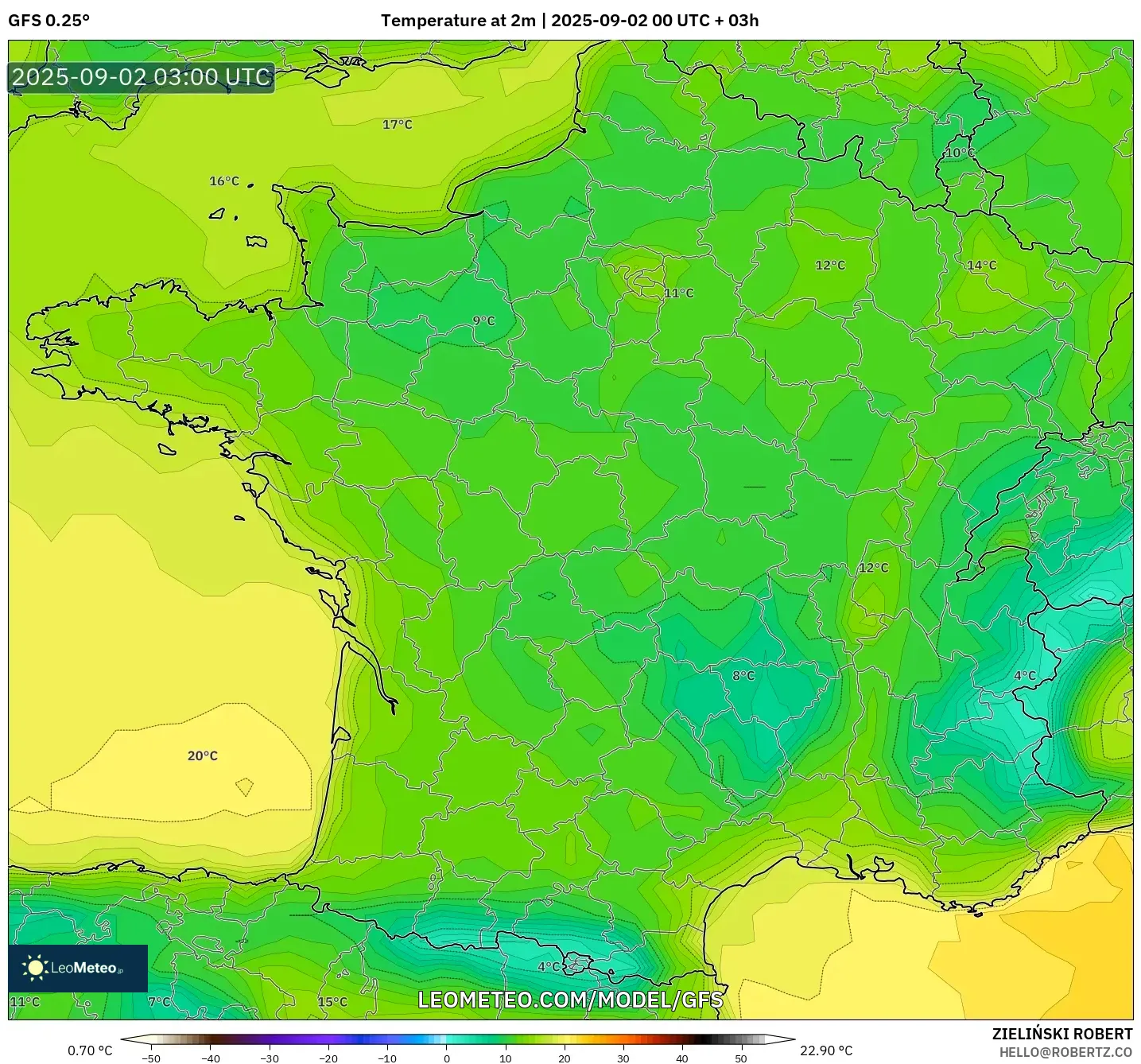 GFS model - France, Temperature at 2m GFS model - France, Temperature at 2m