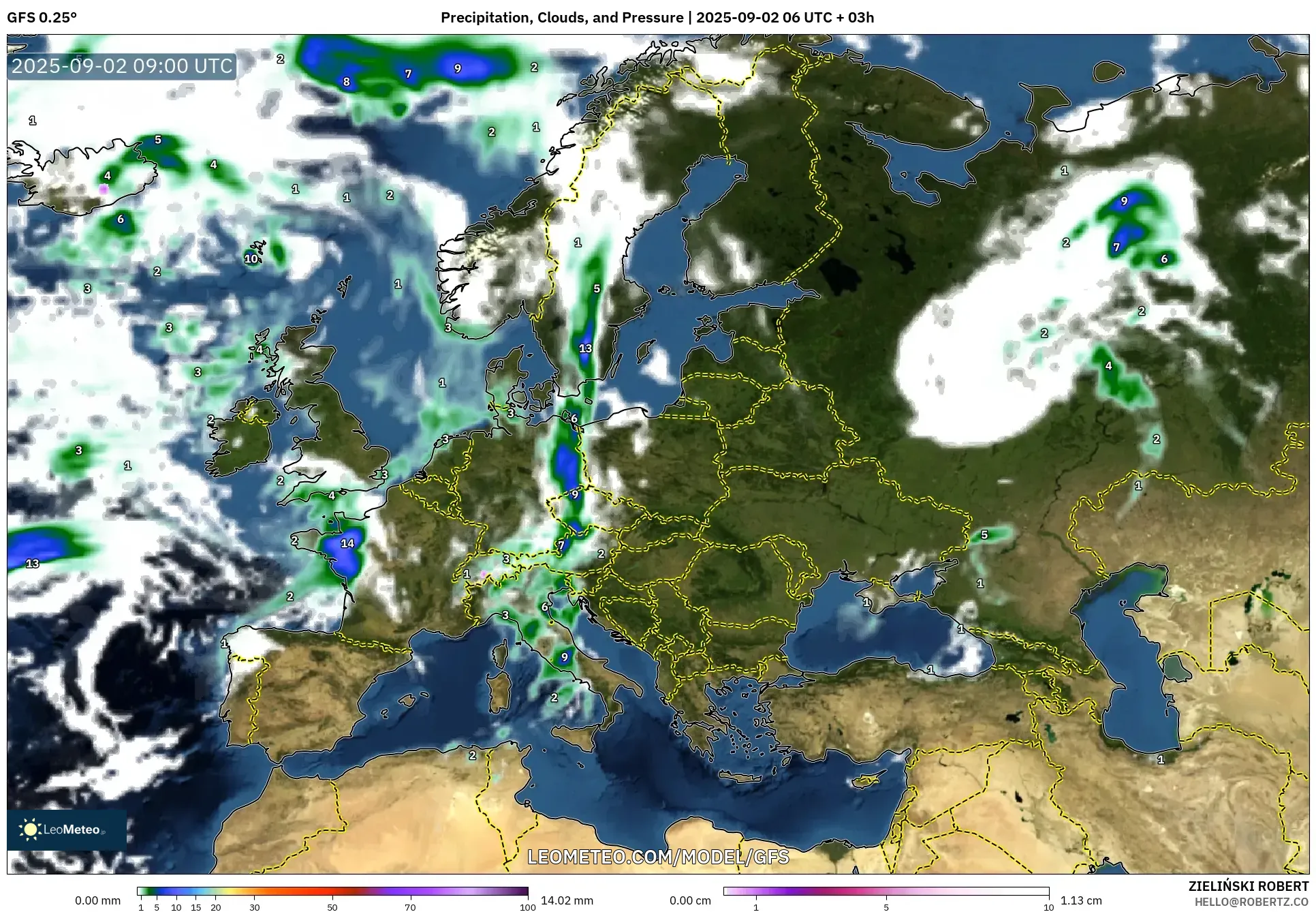 GFS model - Europe, Precipitation, Clouds, and Pressure GFS model - Europe, Precipitation, Clouds, and Pressure