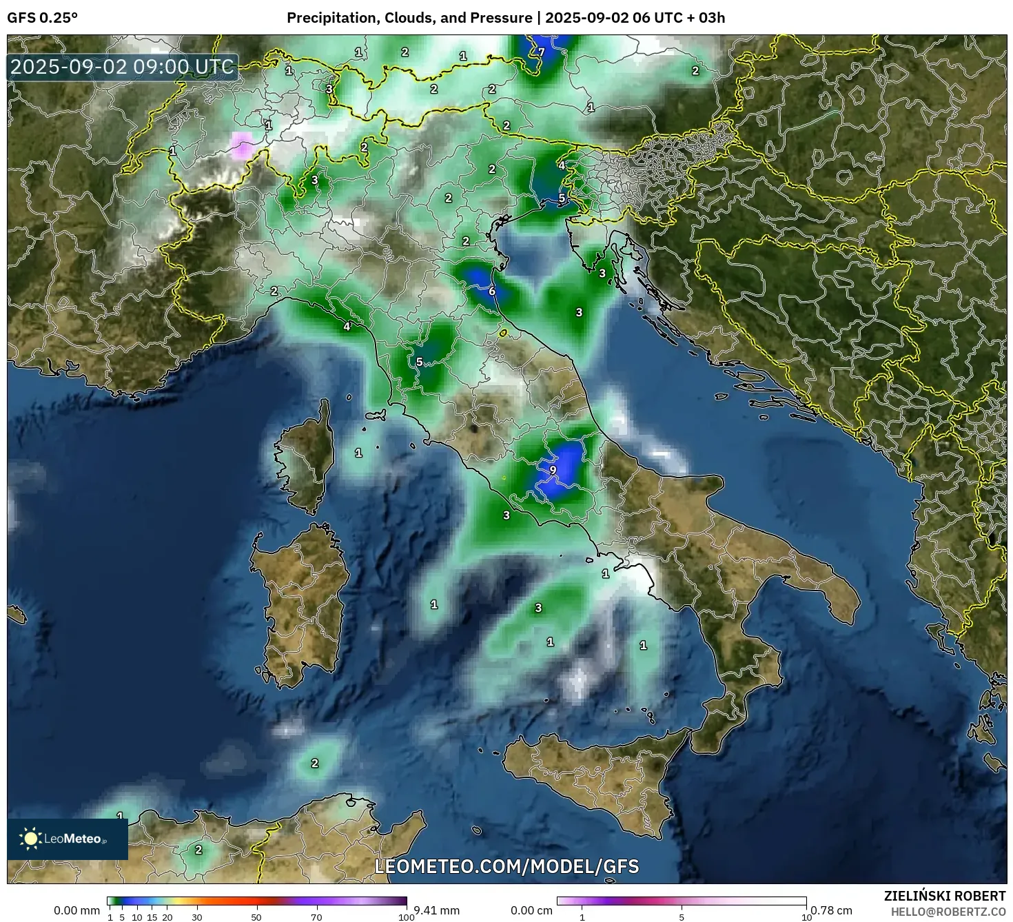 GFS model - Italy, Precipitation, Clouds, and Pressure GFS model - Italy, Precipitation, Clouds, and Pressure