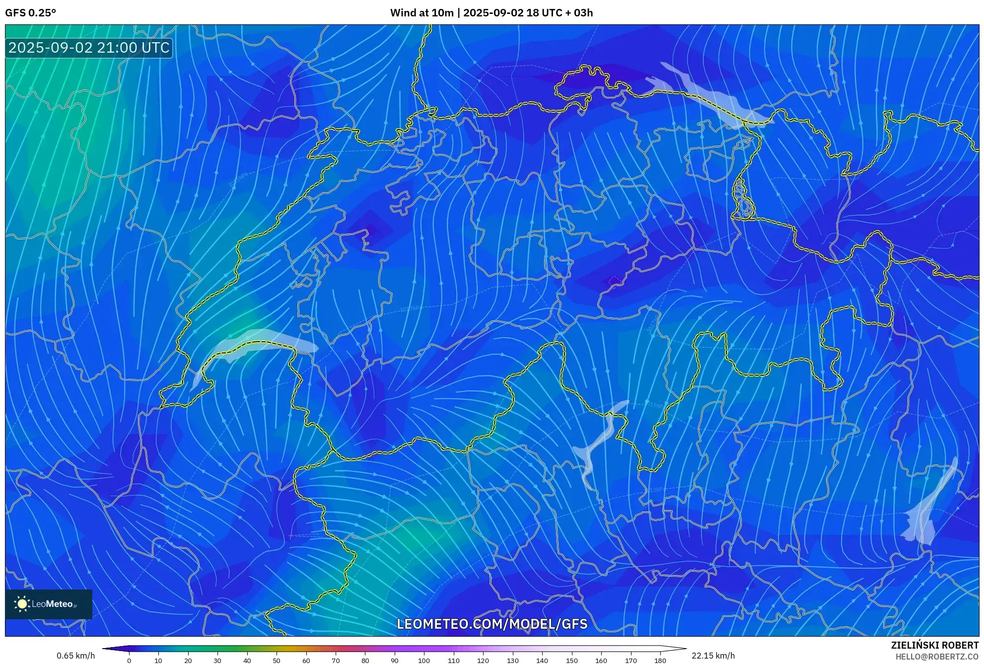 GFS model - Switzerland, Wind at 10m GFS model - Switzerland, Wind at 10m