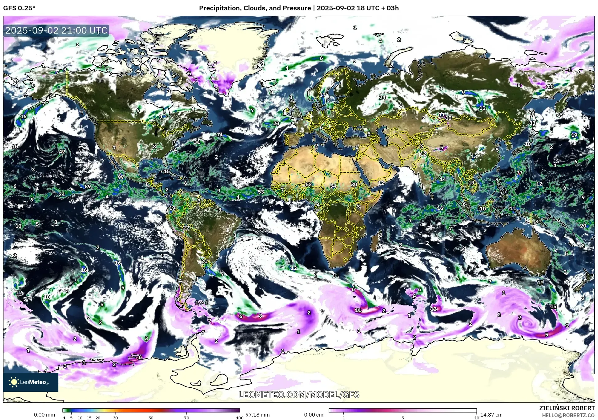 GFS model - World, Precipitation, Clouds, and Pressure GFS model - World, Precipitation, Clouds, and Pressure