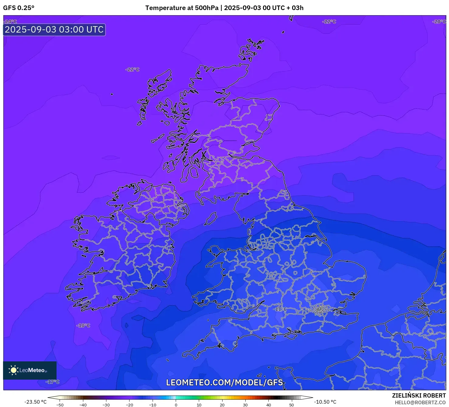GFS model - United Kingdom, Temperature at 500hPa GFS model - United Kingdom, Temperature at 500hPa