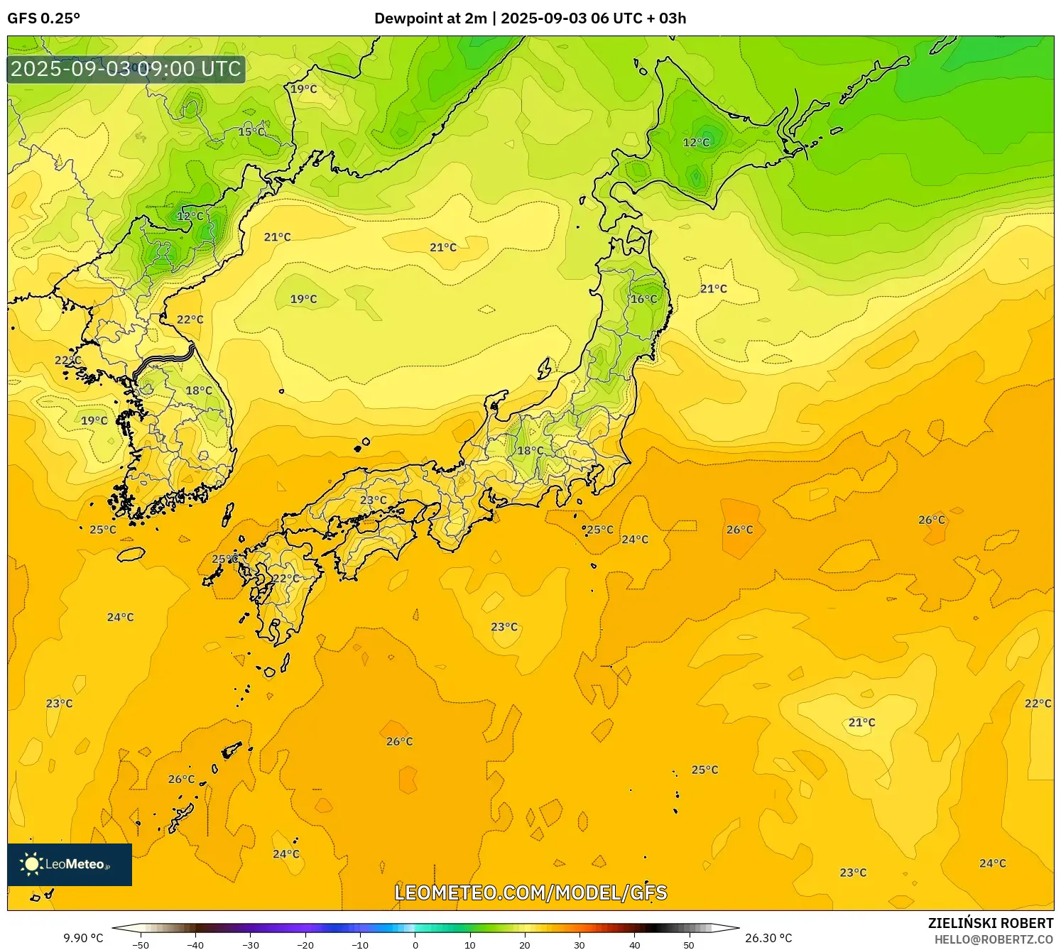 GFS model - Japan, Dewpoint at 2m GFS model - Japan, Dewpoint at 2m