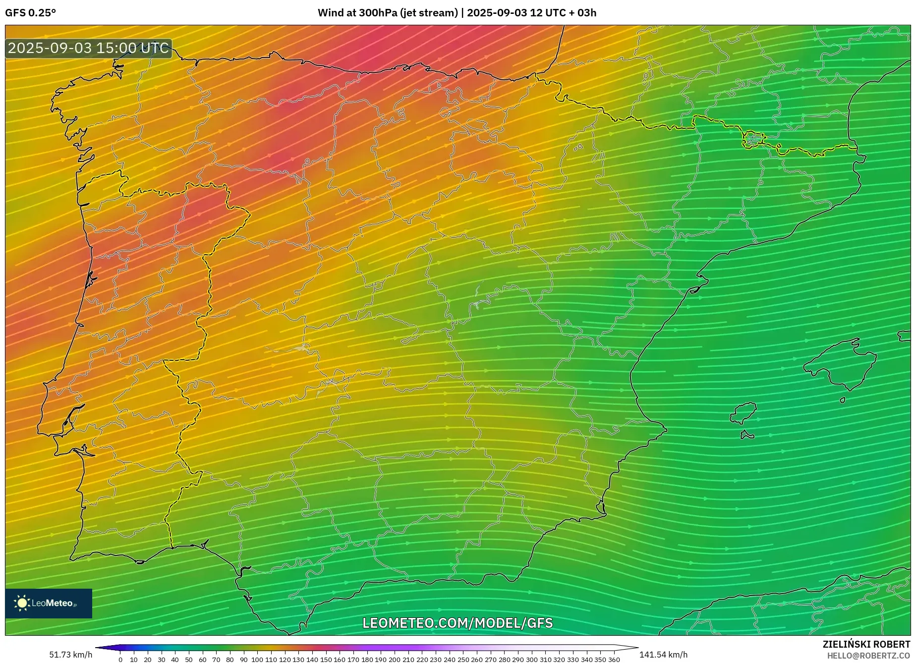 GFS model - Spain, Wind at 300hPa (jet stream) GFS model - Spain, Wind at 300hPa (jet stream)