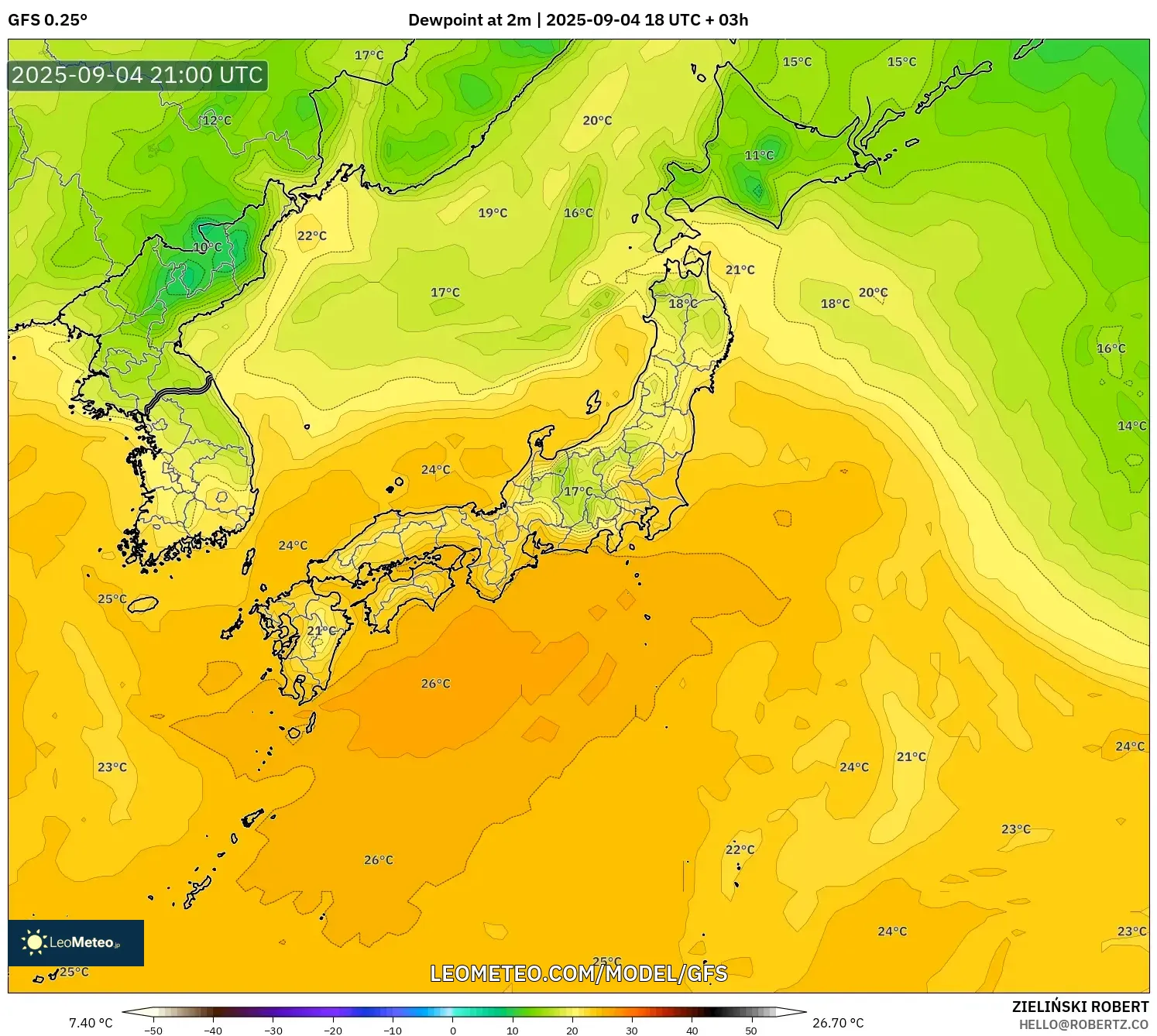 GFS model - Japan, Dewpoint at 2m GFS model - Japan, Dewpoint at 2m