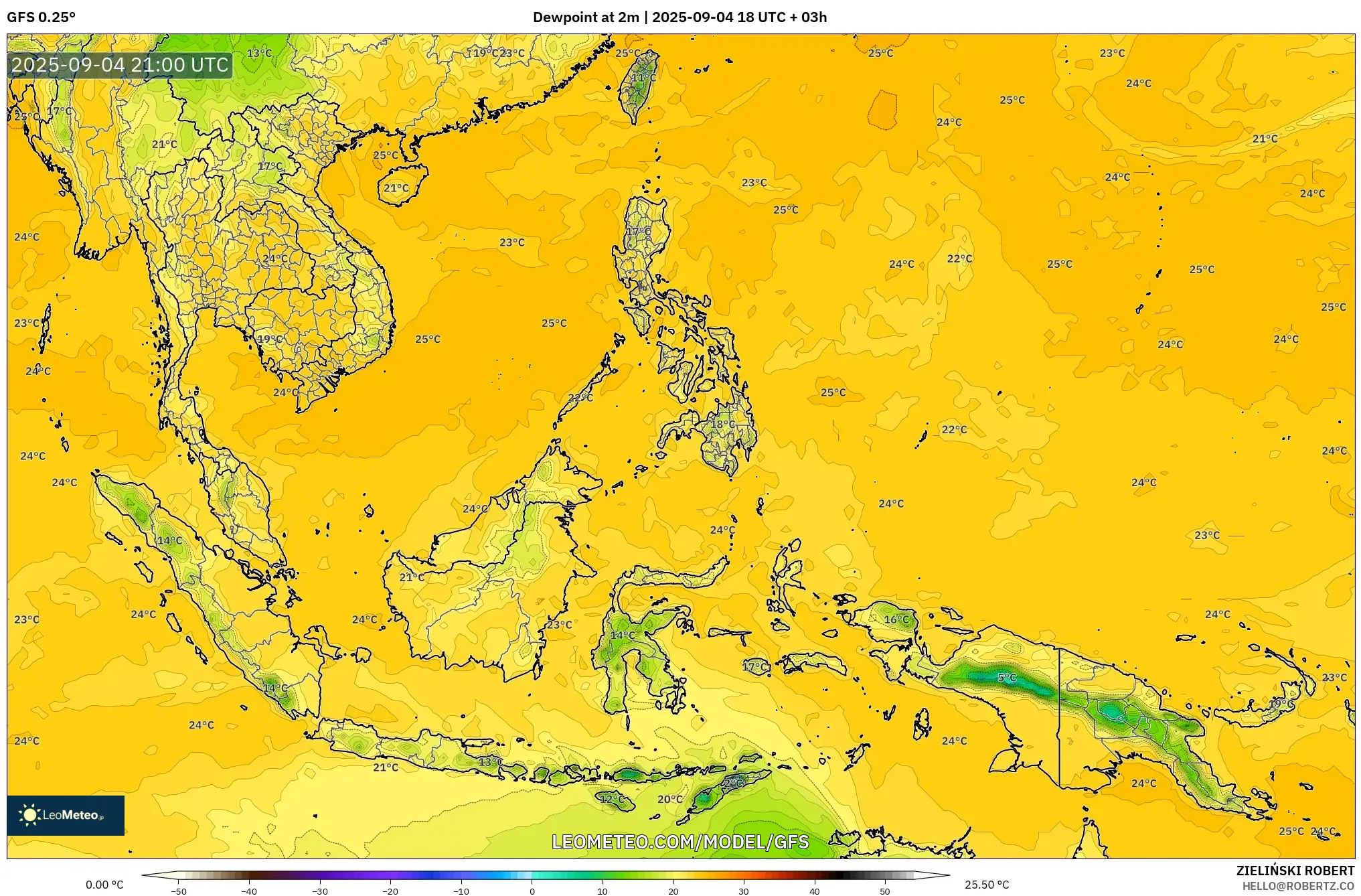 GFS model - South East Asia, Dewpoint at 2m