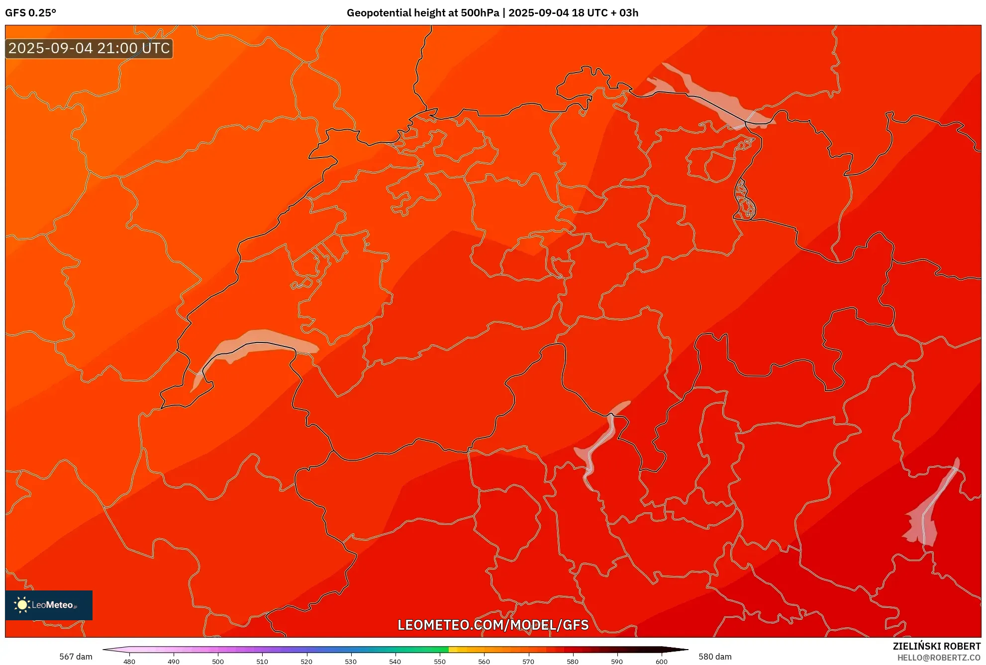 GFS model - Switzerland, Geopotential height at 500hPa GFS model - Switzerland, Geopotential height at 500hPa