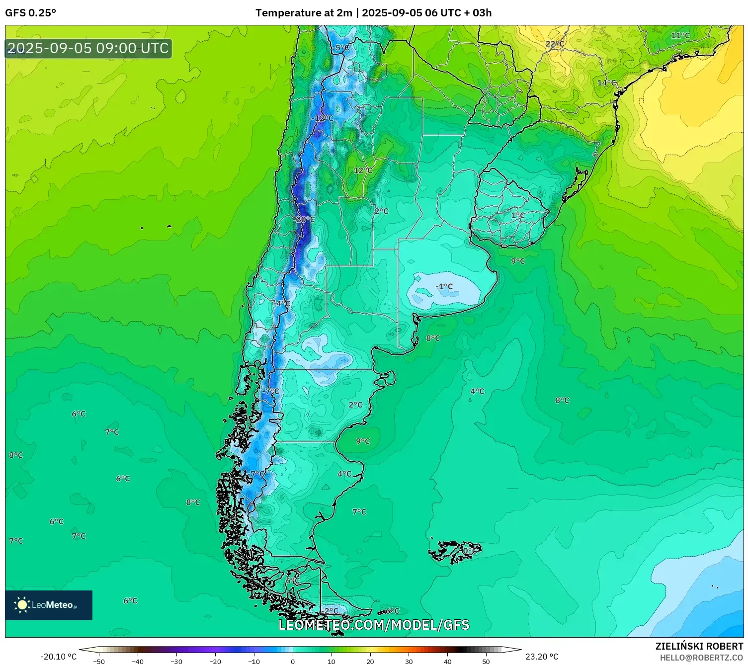 GFS model - Argentina, Temperature at 2m GFS model - Argentina, Temperature at 2m