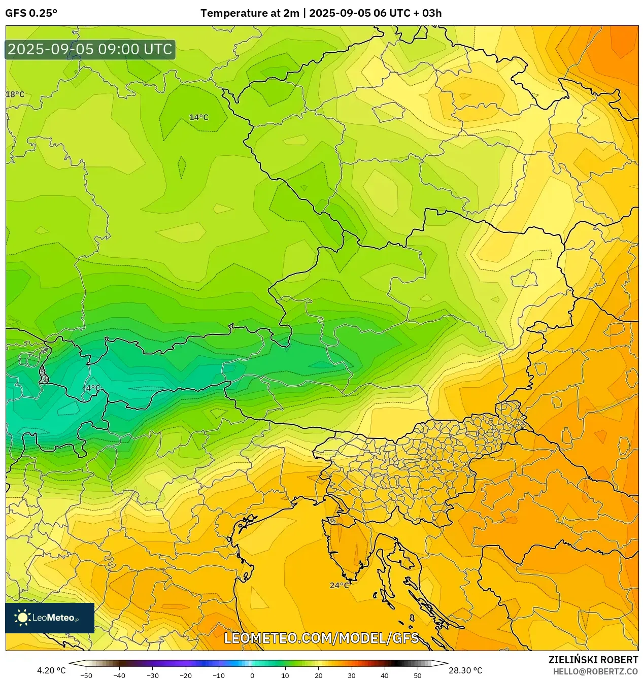 GFS model - Austria, Temperature at 2m GFS model - Austria, Temperature at 2m