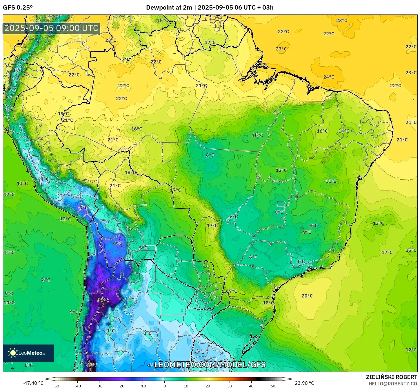 GFS model - Brazil, Dewpoint at 2m GFS model - Brazil, Dewpoint at 2m
