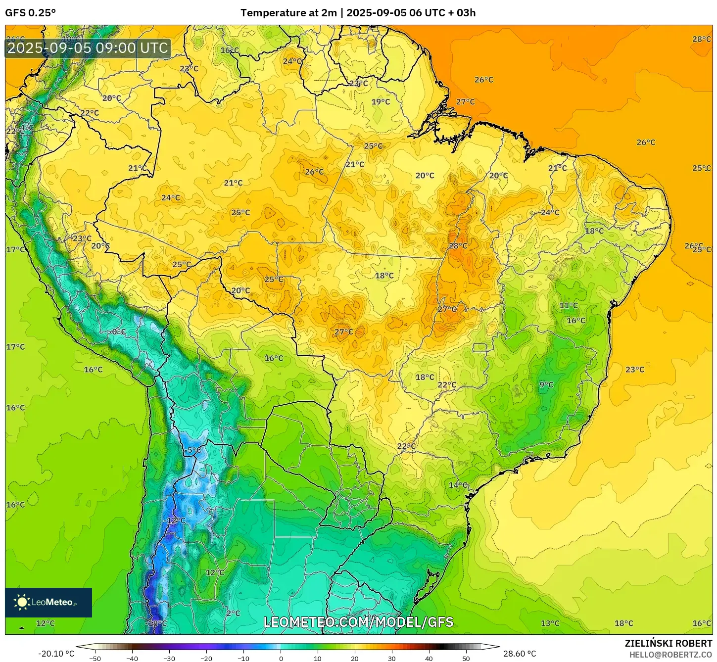 GFS model - Brazil, Temperature at 2m GFS model - Brazil, Temperature at 2m