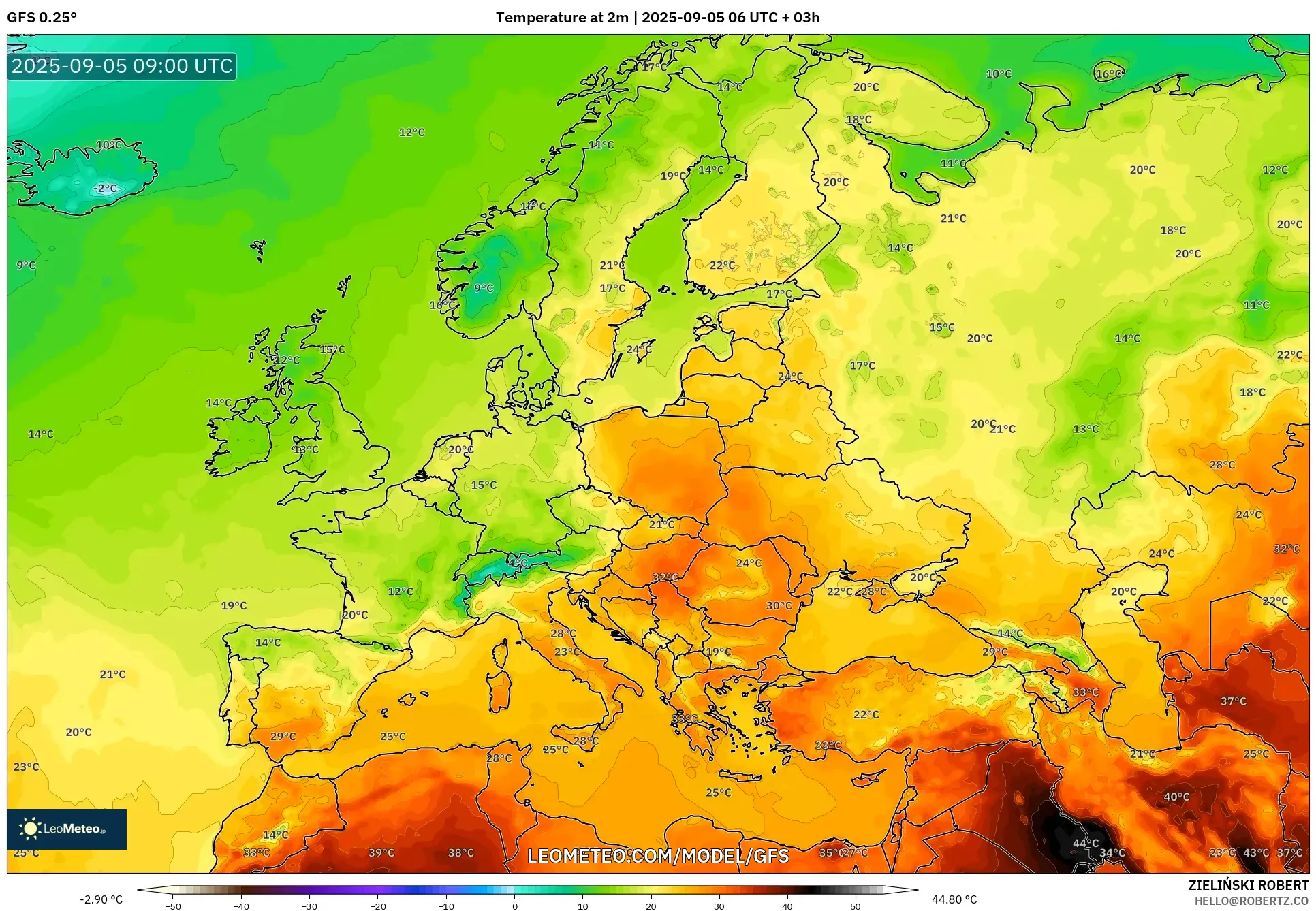 GFS model - Europe, Temperature at 2m GFS model - Europe, Temperature at 2m