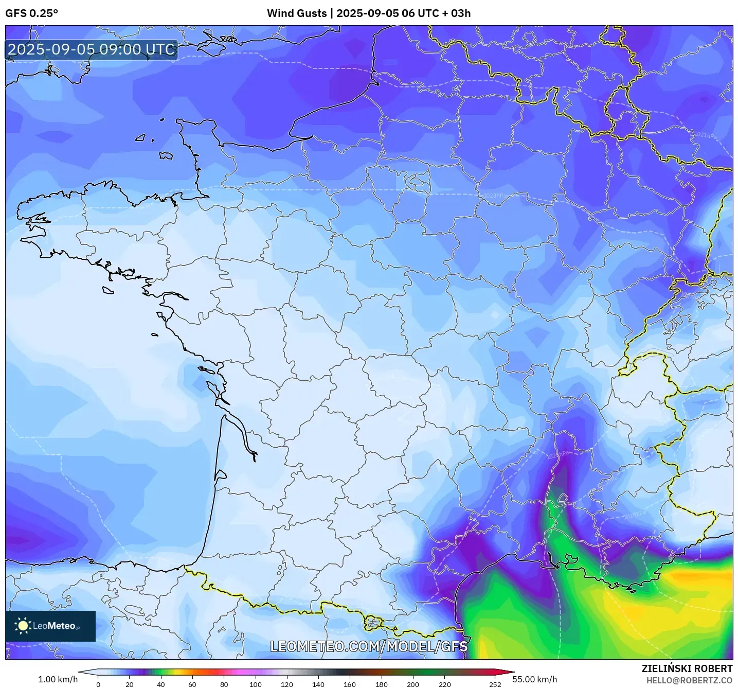 GFS model - France, Wind Gusts GFS model - France, Wind Gusts