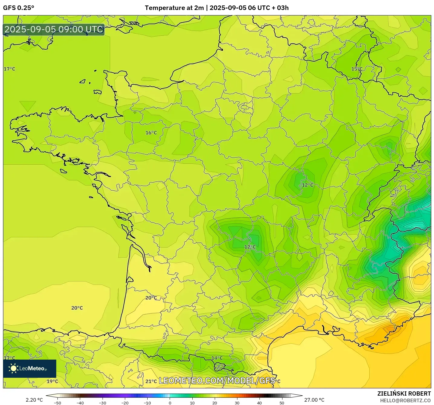 GFS model - France, Temperature at 2m GFS model - France, Temperature at 2m