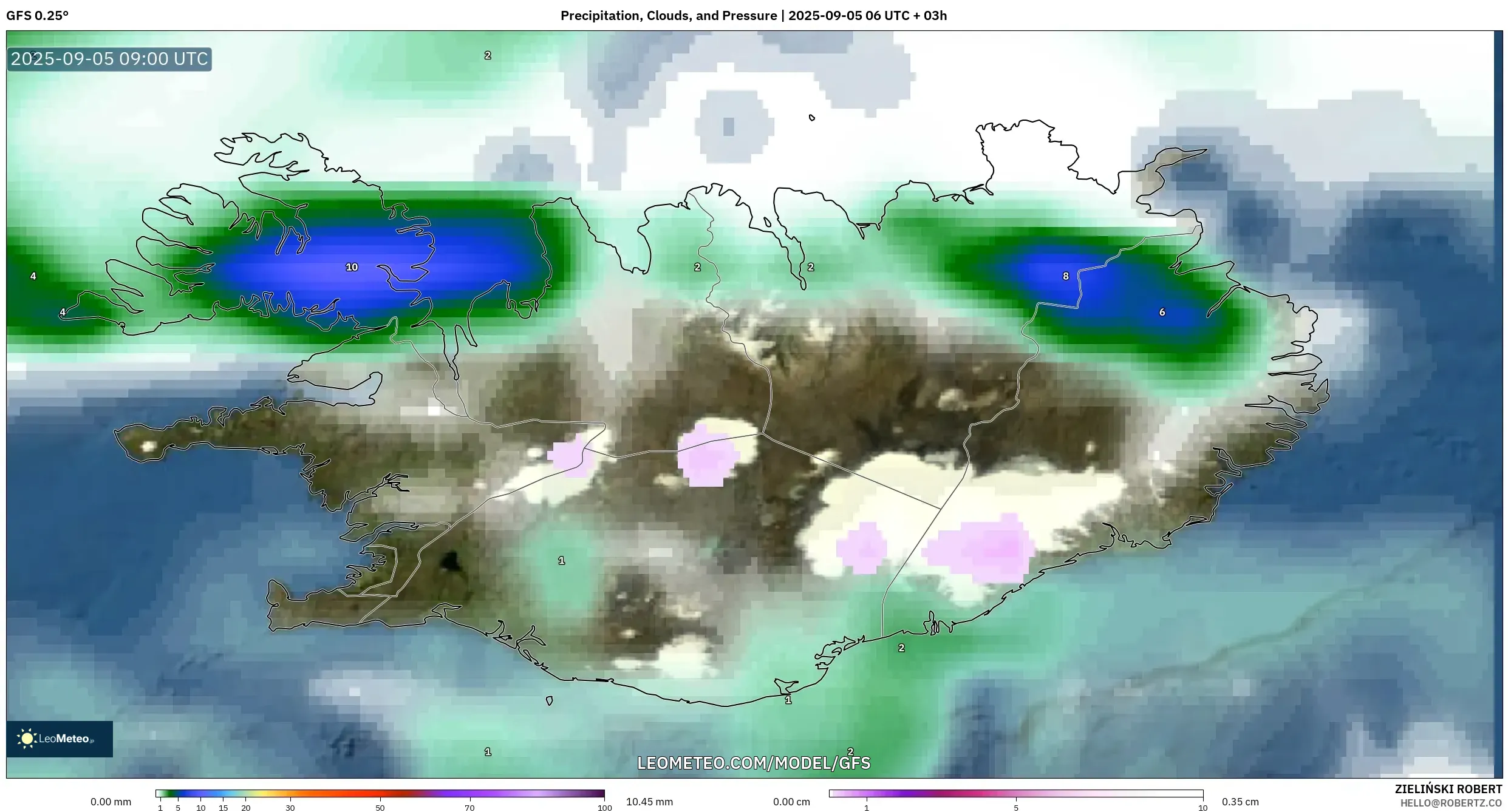 GFS model - Iceland, Precipitation, Clouds, and Pressure GFS model - Iceland, Precipitation, Clouds, and Pressure
