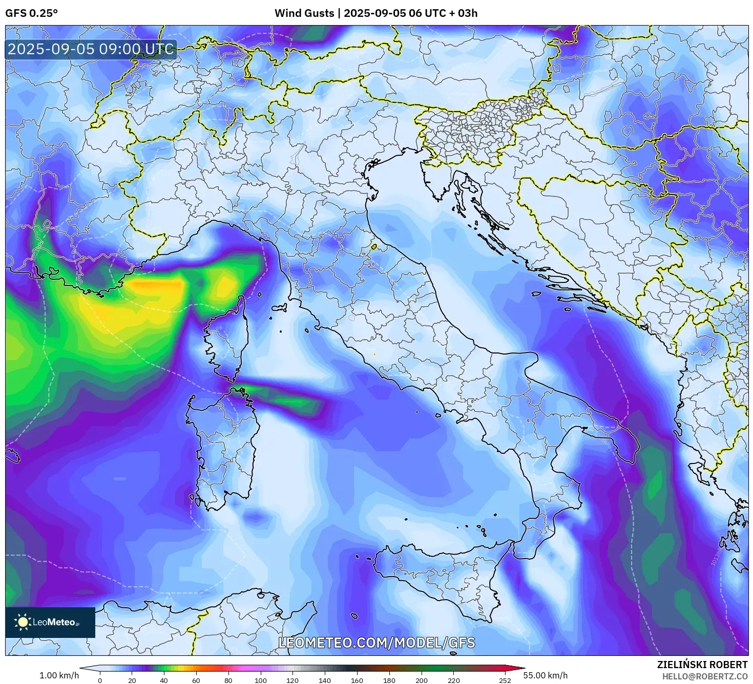 GFS model - Italy, Wind Gusts GFS model - Italy, Wind Gusts