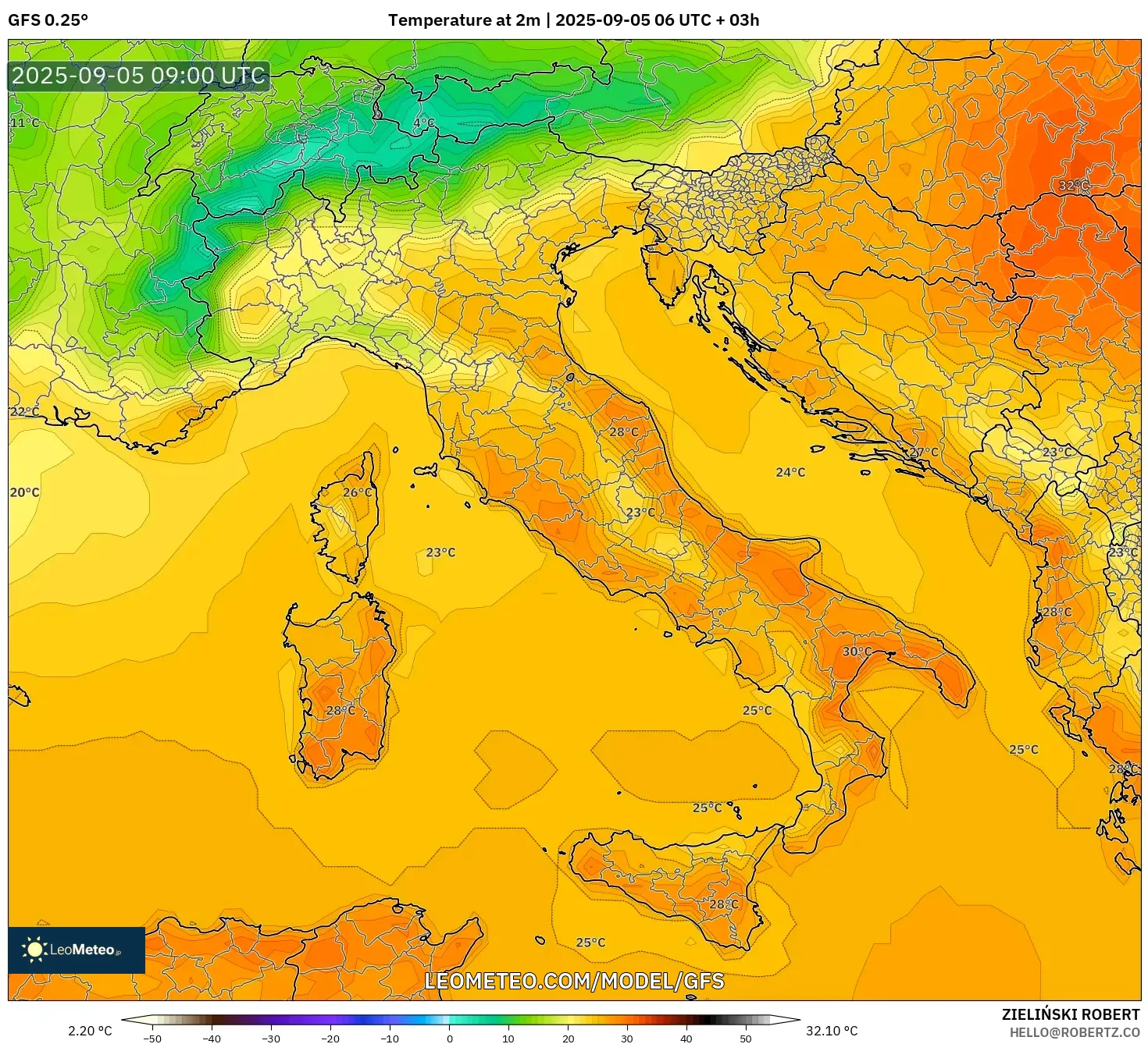 GFS model - Italy, Temperature at 2m GFS model - Italy, Temperature at 2m