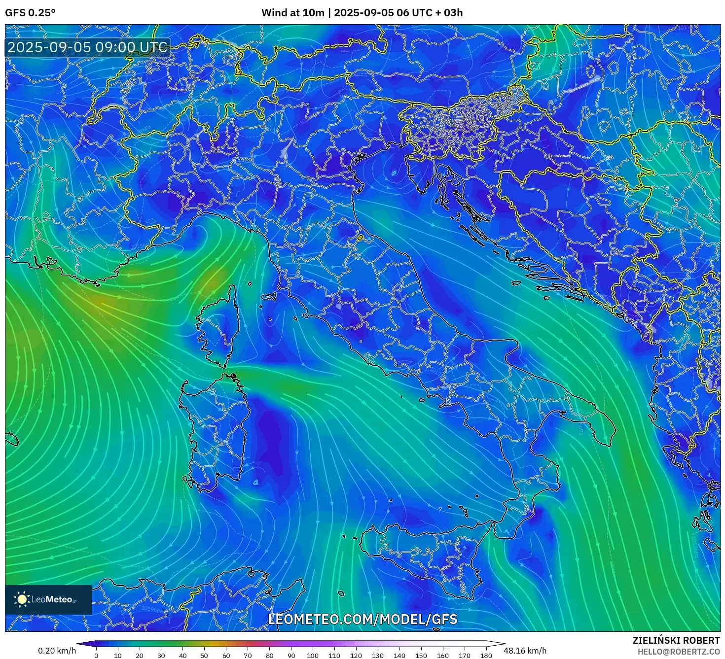 GFS model - Italy, Wind at 10m GFS model - Italy, Wind at 10m