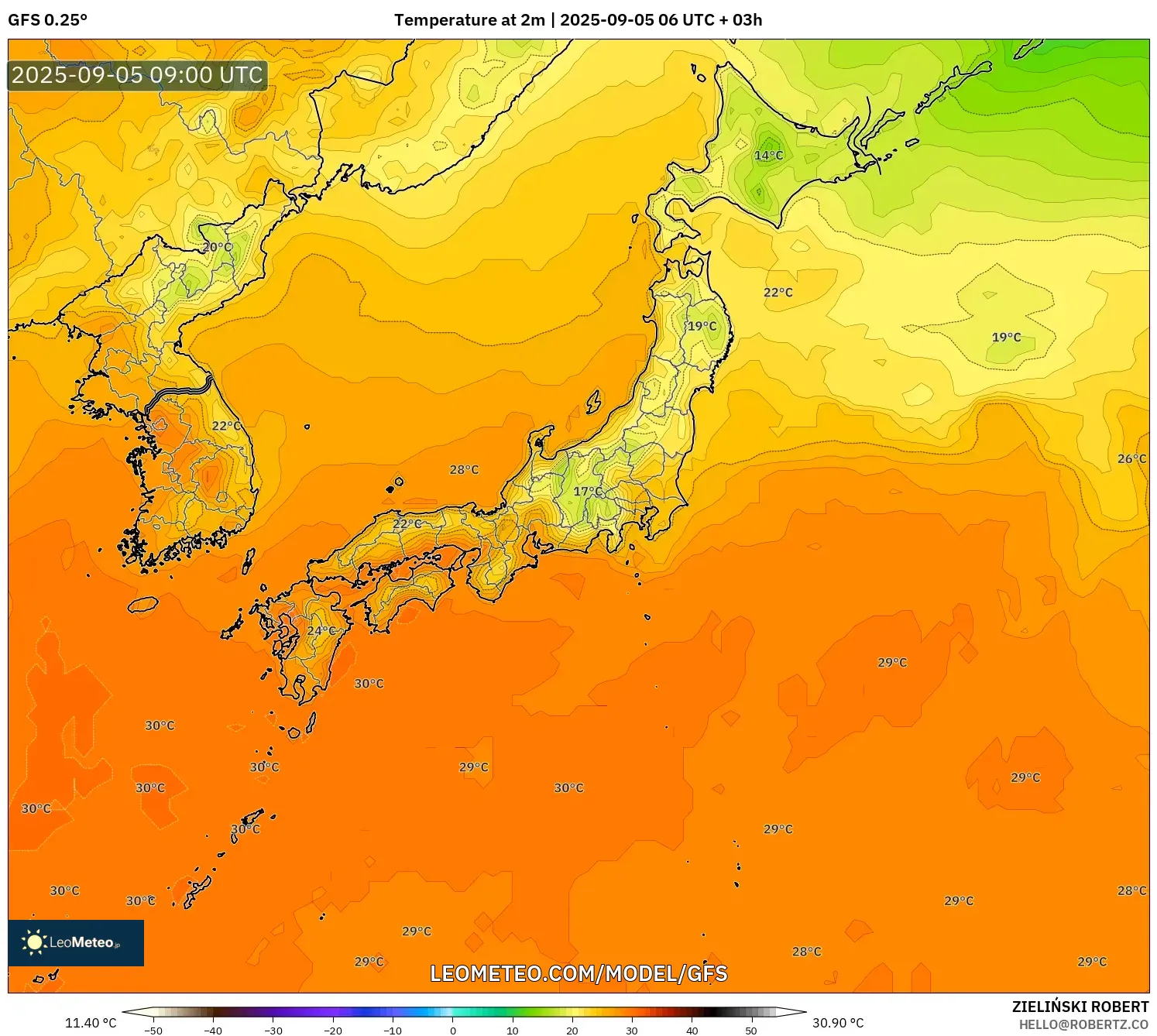 GFS model - Japan, Temperature at 2m GFS model - Japan, Temperature at 2m