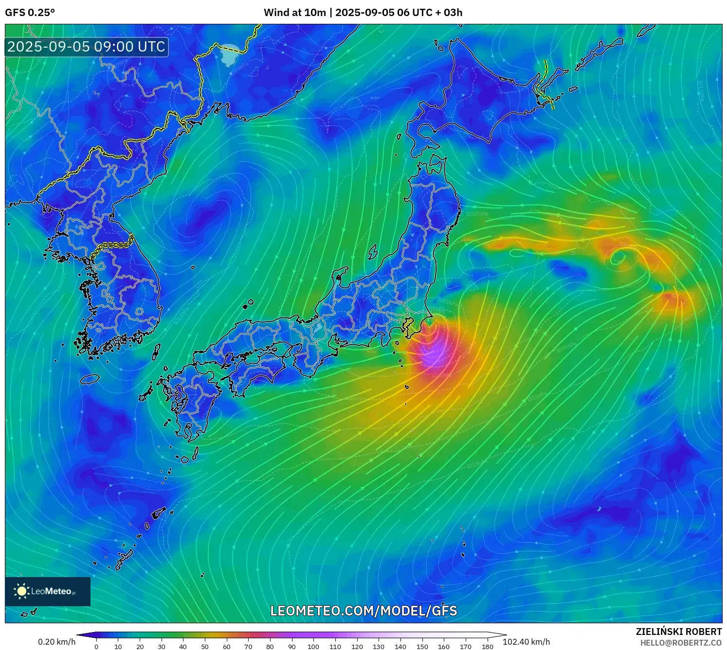 GFS model - Japan, Wind at 10m GFS model - Japan, Wind at 10m