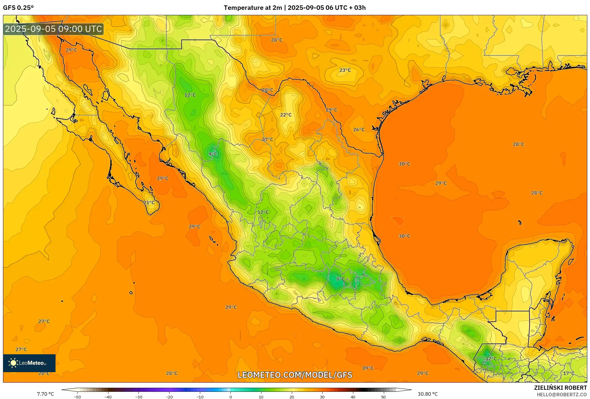GFS model - Mexico, Temperature at 2m GFS model - Mexico, Temperature at 2m