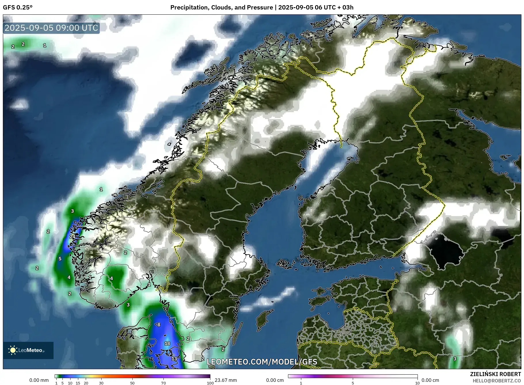 GFS model - Scandinavia, Precipitation, Clouds, and Pressure