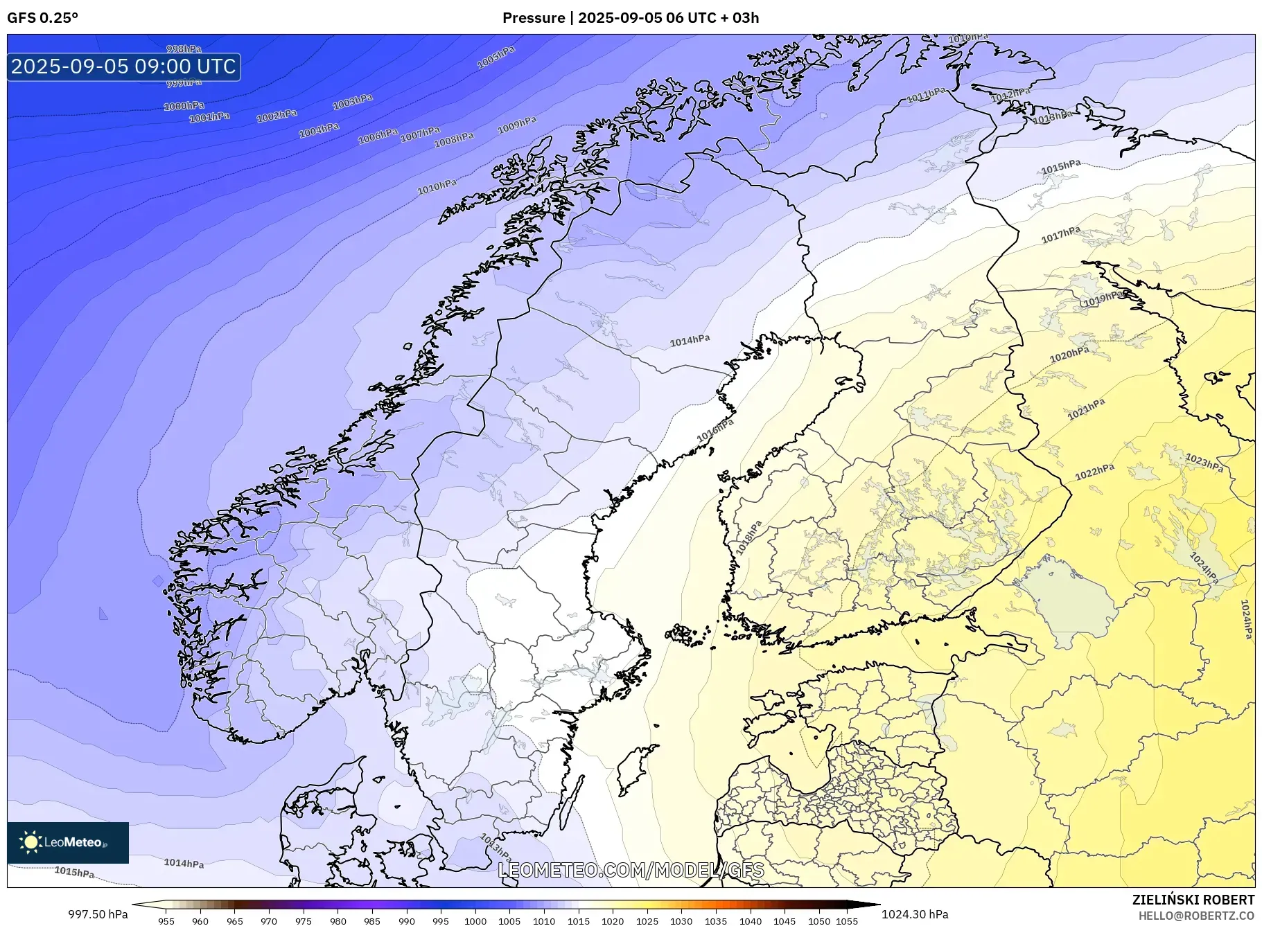 GFS model - Scandinavia, Pressure GFS model - Scandinavia, Pressure